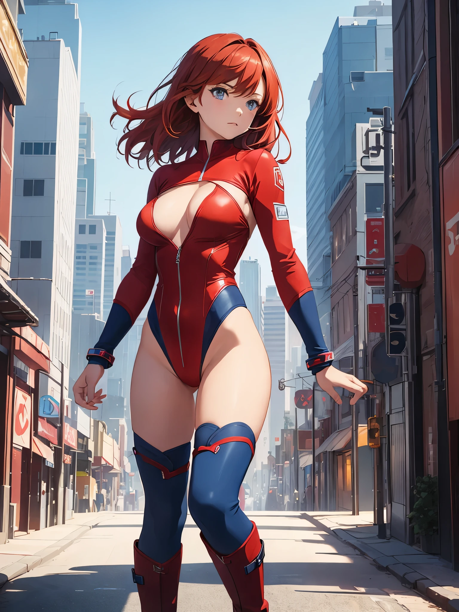 1girl, medium breasts, leotard, red leotard with blue accents, bare legs, boots, matching boots, bracelets, city backdrop, solo, single, standing, full body shot, cowboy shot, beautiful detailed eyes, mature lady, red hair, medium hair 