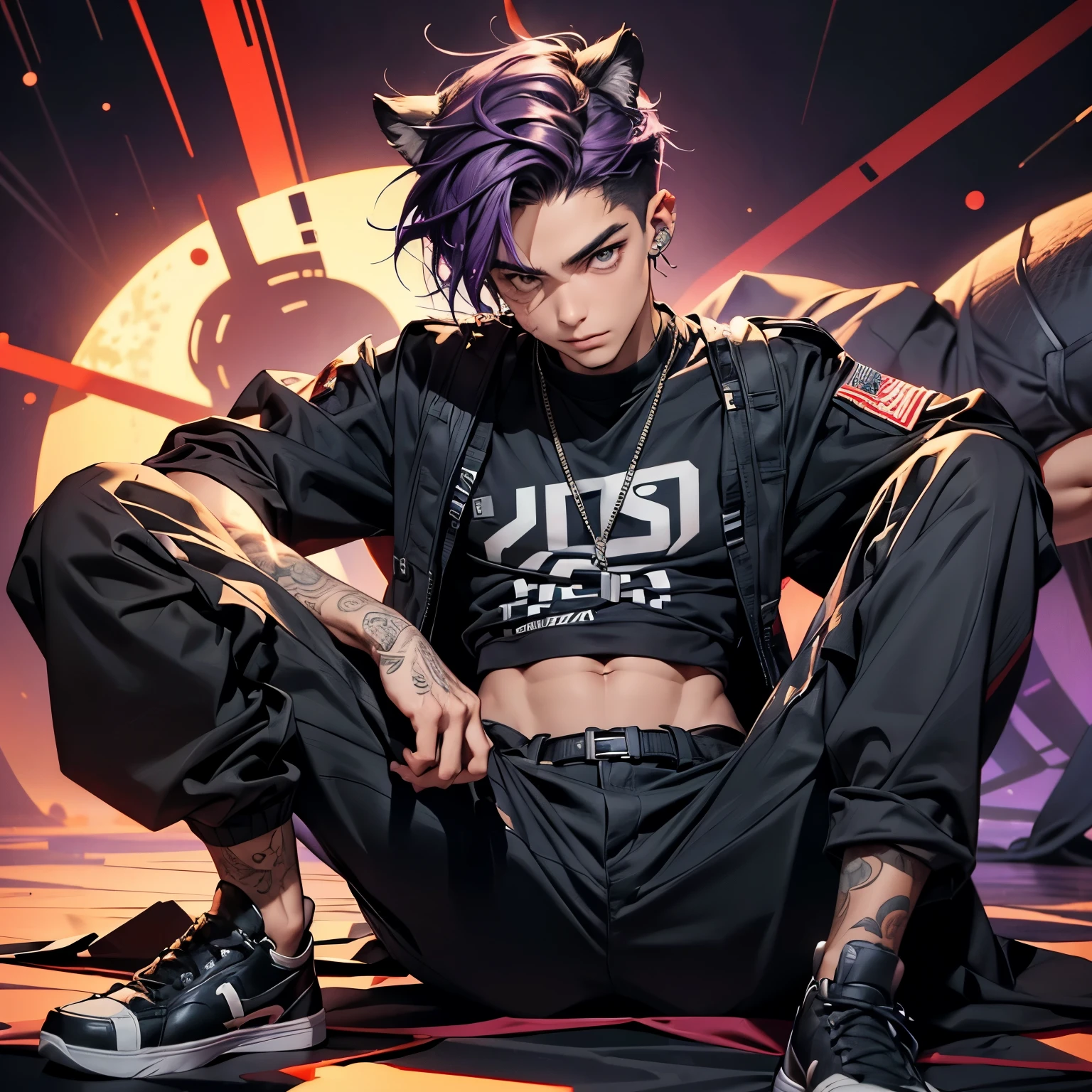 Homem de 22 anos , cabelo roxo , sorriso malicioso, dentes afiados, He has tiger ears because he's from another universe , (cabelo roxo) , pele branca, delicate strokes, desafiador (sentado no banco) (corpo inteiro) ele usa uma blusa moletom, cargo pants (sitting looking straight ahead with a defiant look) (full body pose)(toned body)(sexy)