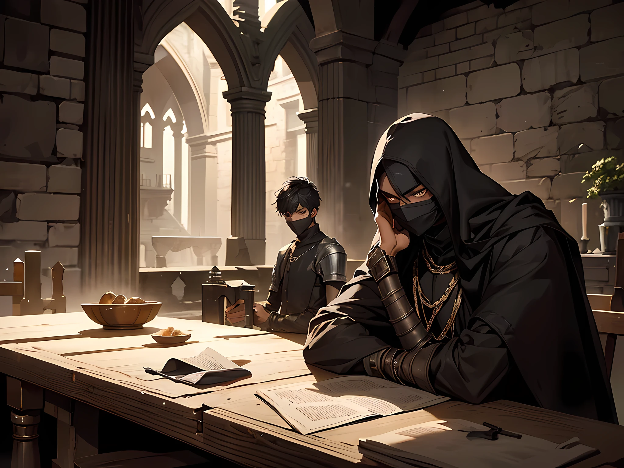thin young man, dark skin wearing mask, slavery, this man is a slave, in a prison, dungeon, dark, medieval times, frustrated, torn clothes, sitting in a table
