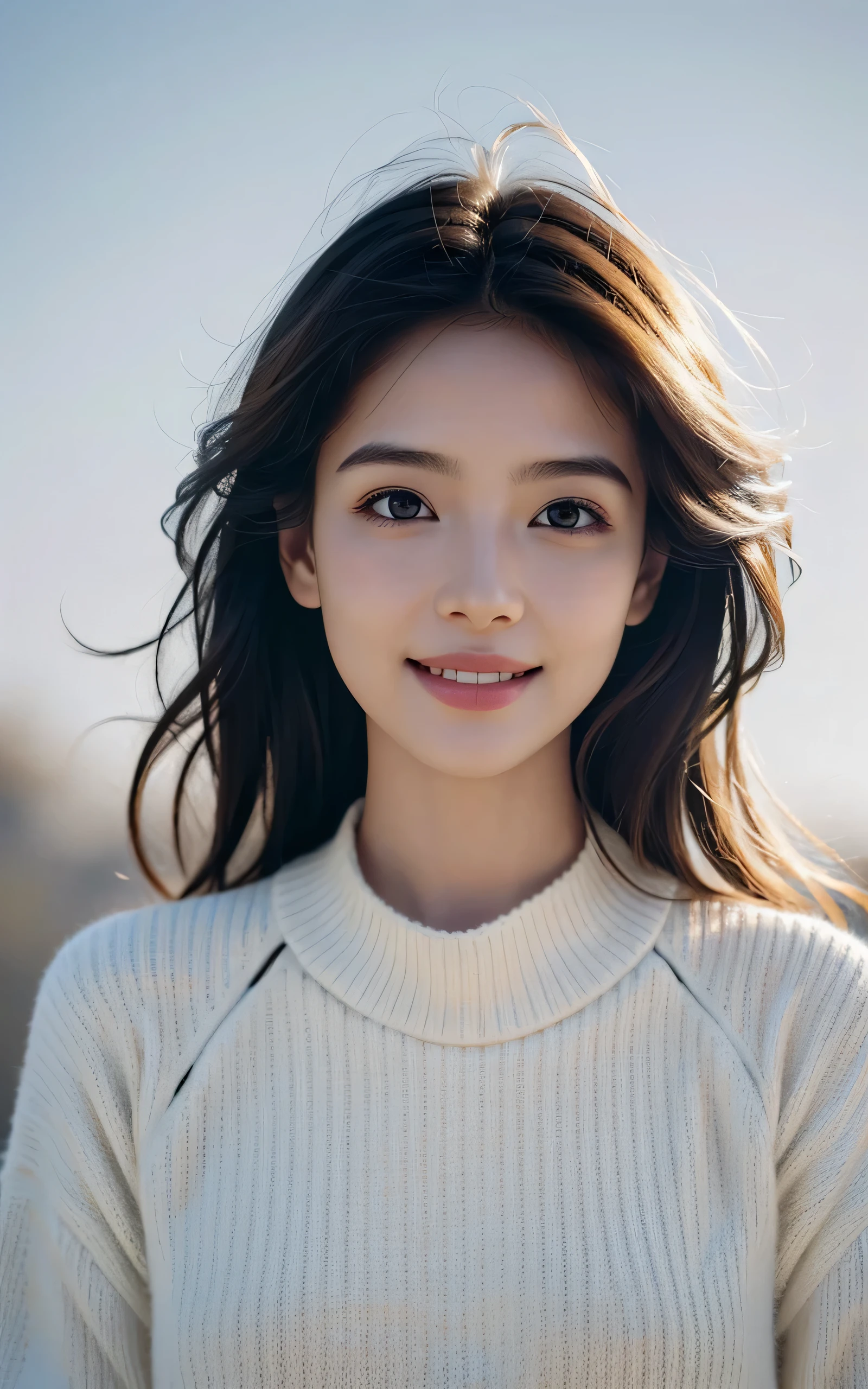 photo-realistic, surreal, cinematic lighting, 32K, 1 girl, look up, Backlight, (bright light:1.2), (Improvement of quality:1.4), (Highest quality realistic textured skin:1.4), detailed eyes, detailed face, shy smile, close up of face, hair up, knit sweater, (Enhances the beauty of skin texture:1.1), matte texture