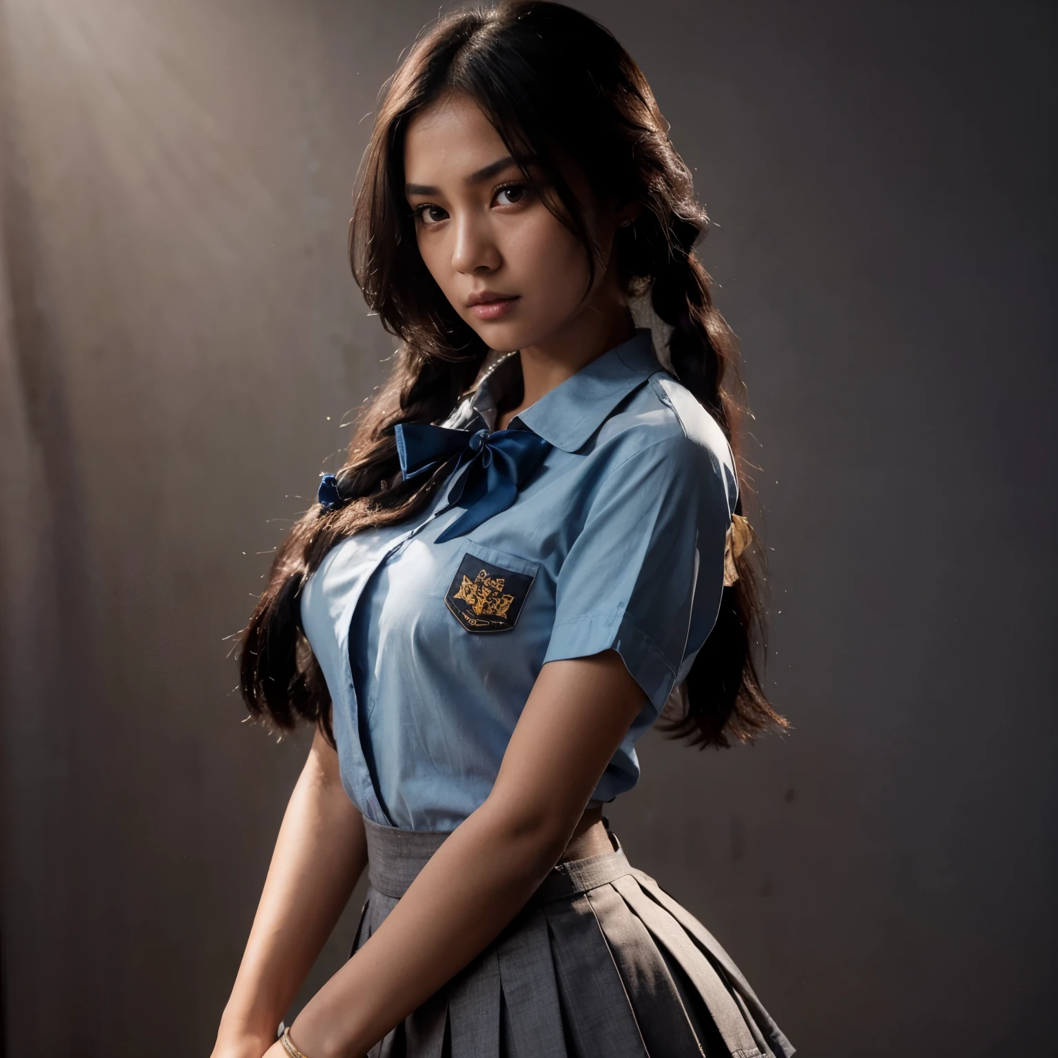 hyper ultra realistic photography, dramatic light, dynamic model pose, full body of beautiful sundanese Indonesian girl, 18 years old, detail face, sensual makeup, long black hair braid hairstyle, cute pose, wearing indonesian high school uniform, big breast, wear short blue grey skirt, environtment on dramatic light tungsten, HDR10, photo by analog camera Nikon D850 f/16, high detailed, good anatomy body, hand & fingers, lora:add_detail:0.8