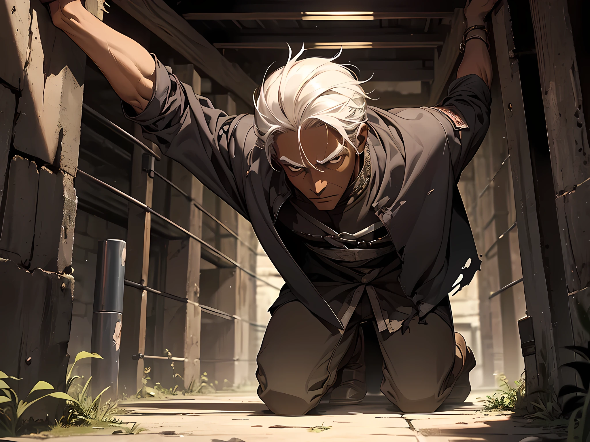old man, dark skin, gray hair, slavery, strong, this man is a slave, in a prison, dungeon, dark, medieval times, frustrated, torn clothes