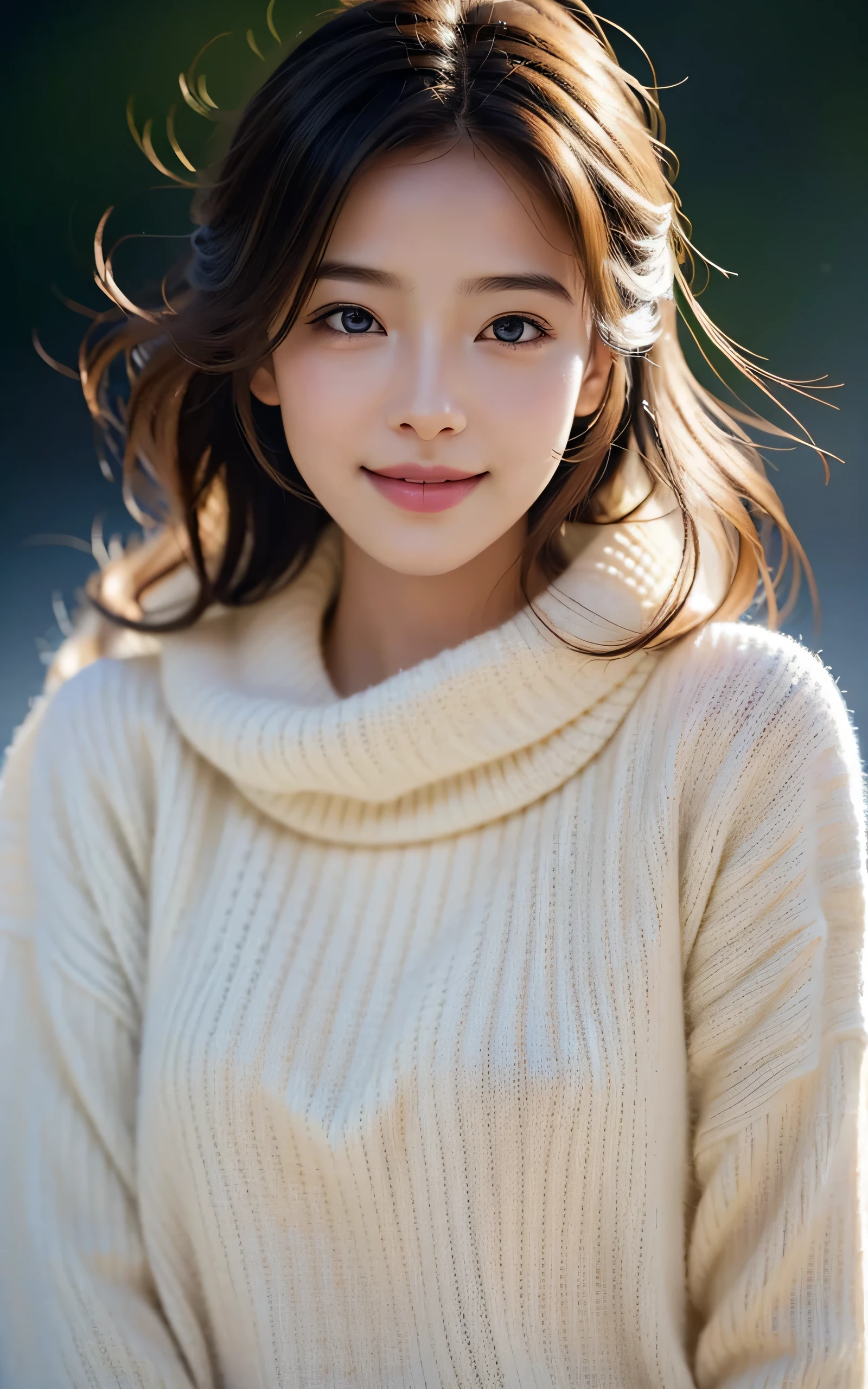photo-realistic, surreal, cinematic lighting, 32K, 1 girl, look up, Backlight, (bright light:1.2), (Improvement of quality:1.4), (Highest quality realistic textured skin:1.4), detailed eyes, detailed face, shy smile, close up of face, hair up, knit sweater, (Enhances the beauty of skin texture:1.1), matte texture