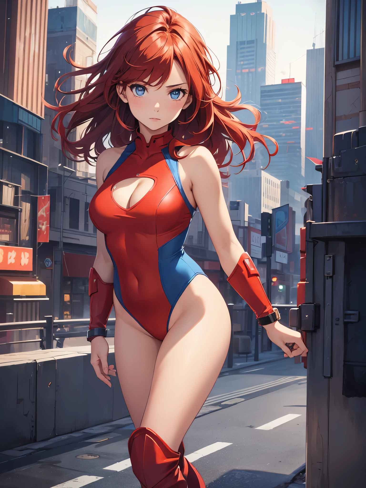 1girl, medium breasts, leotard, red leotard with blue accents, bare legs, boots, matching boots, bracelets, city backdrop, solo, single, standing, full body shot, cowboy shot, beautiful detailed eyes, mature lady, red hair, medium hair, superhero 