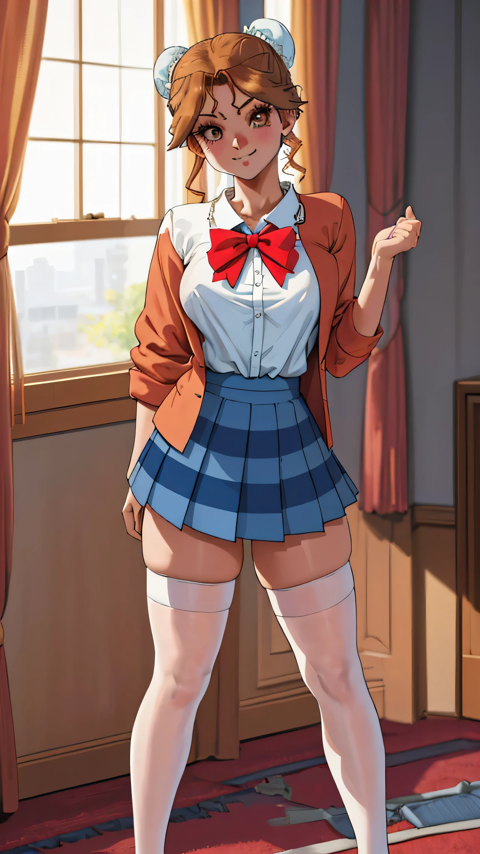 masterpiece, 4K, 8K, highest quality, High resolution, full body shot, (Seen from the floor, forward), early autumn, 1 girl, alone, Accurate and detailed face, fine eyes, grin, Thinly closed mouth, whiteいニーソックス, school uniform, (blazer, dark blue), bow tie, striped skirt, (beautiful feet, two, It grew steadily), 1990s (style), (background at room, (carpet is being pulled, stuffed toy, white,on the floor), (There is a window,with curtains, detailed lace), evening), (cute pose, Looks like a gravure model), look at the camera,