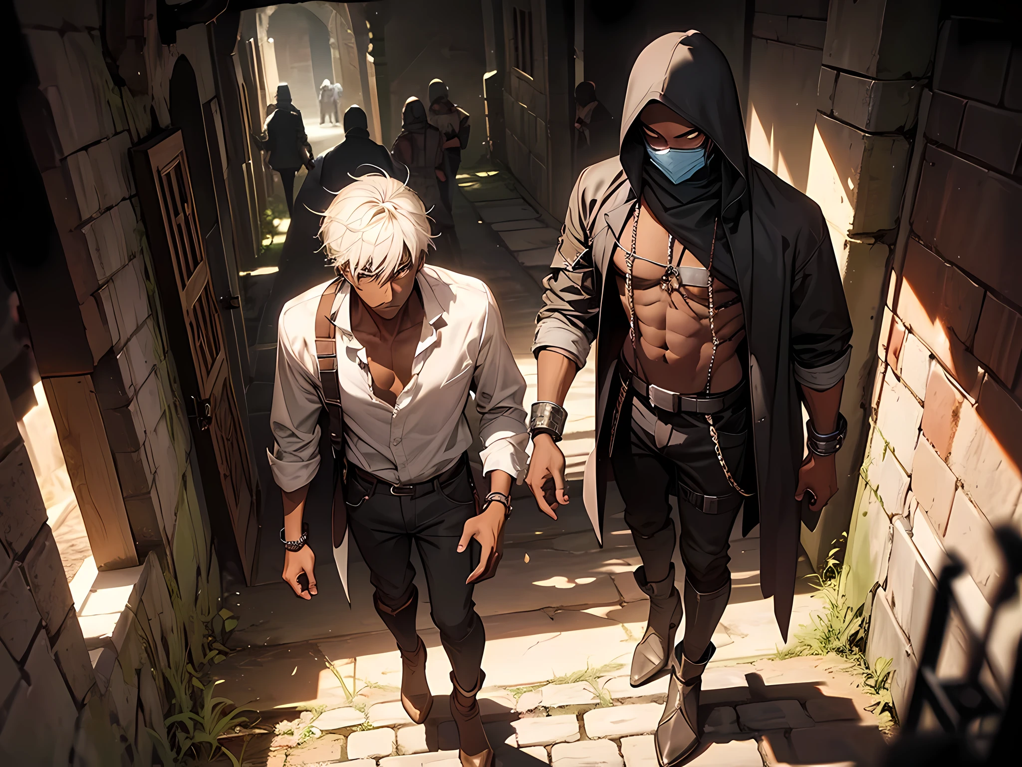 thin young man, dark skin wearing mask, slavery, this man is a slave, in a prison, dungeon, dark, medieval times, frustrated, torn clothes, drinking alcohol
