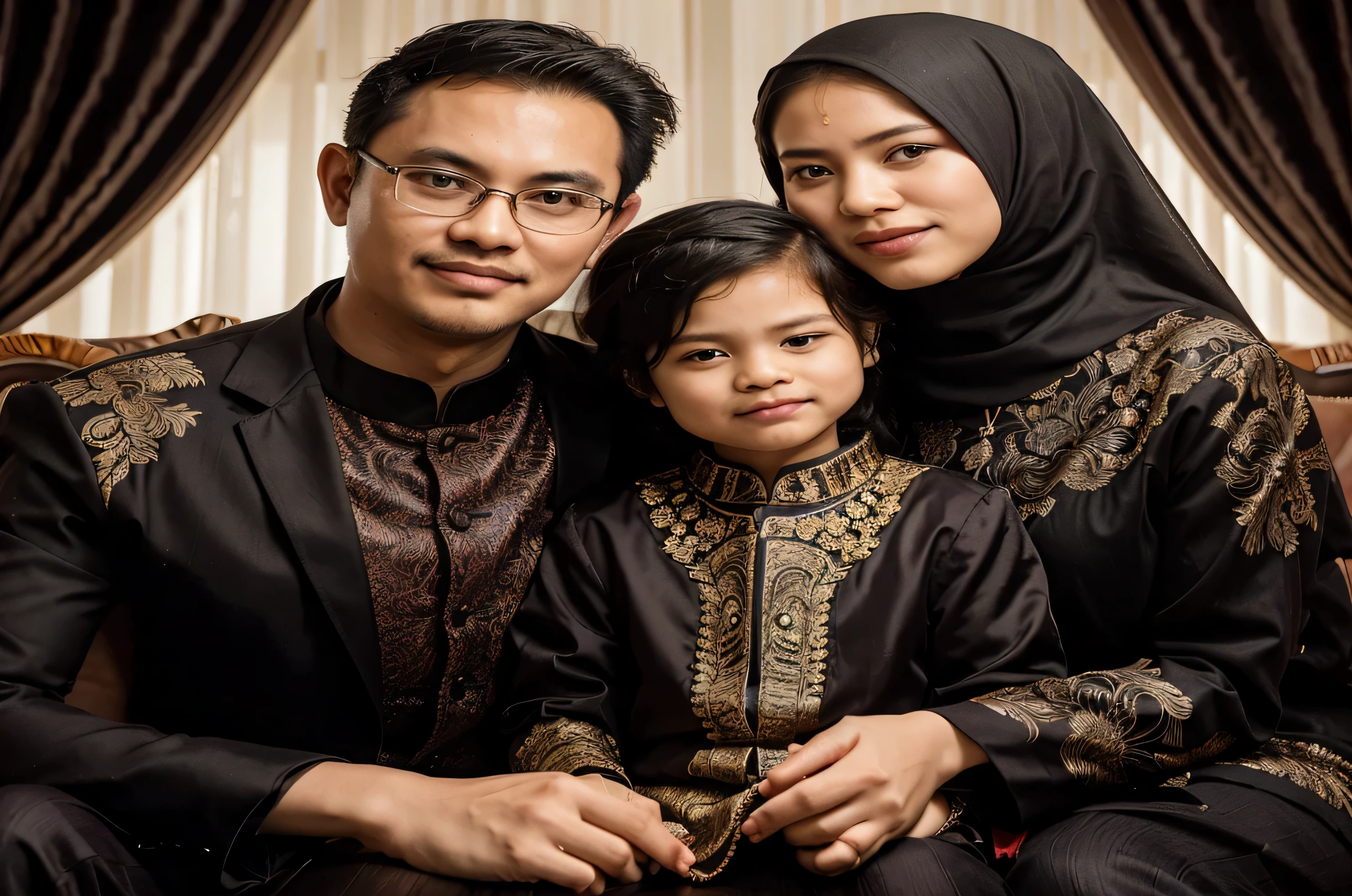 arafed family posing for a picture in traditional clothing, an indonesian family portrait, happy family, husband wife and son, barong family, barong family member, family portrait, by Basuki Abdullah, malaysian, portrait shot, portrait of family of three, potrait, mourning family, inspired by Basuki Abdullah, sakimi, full protrait