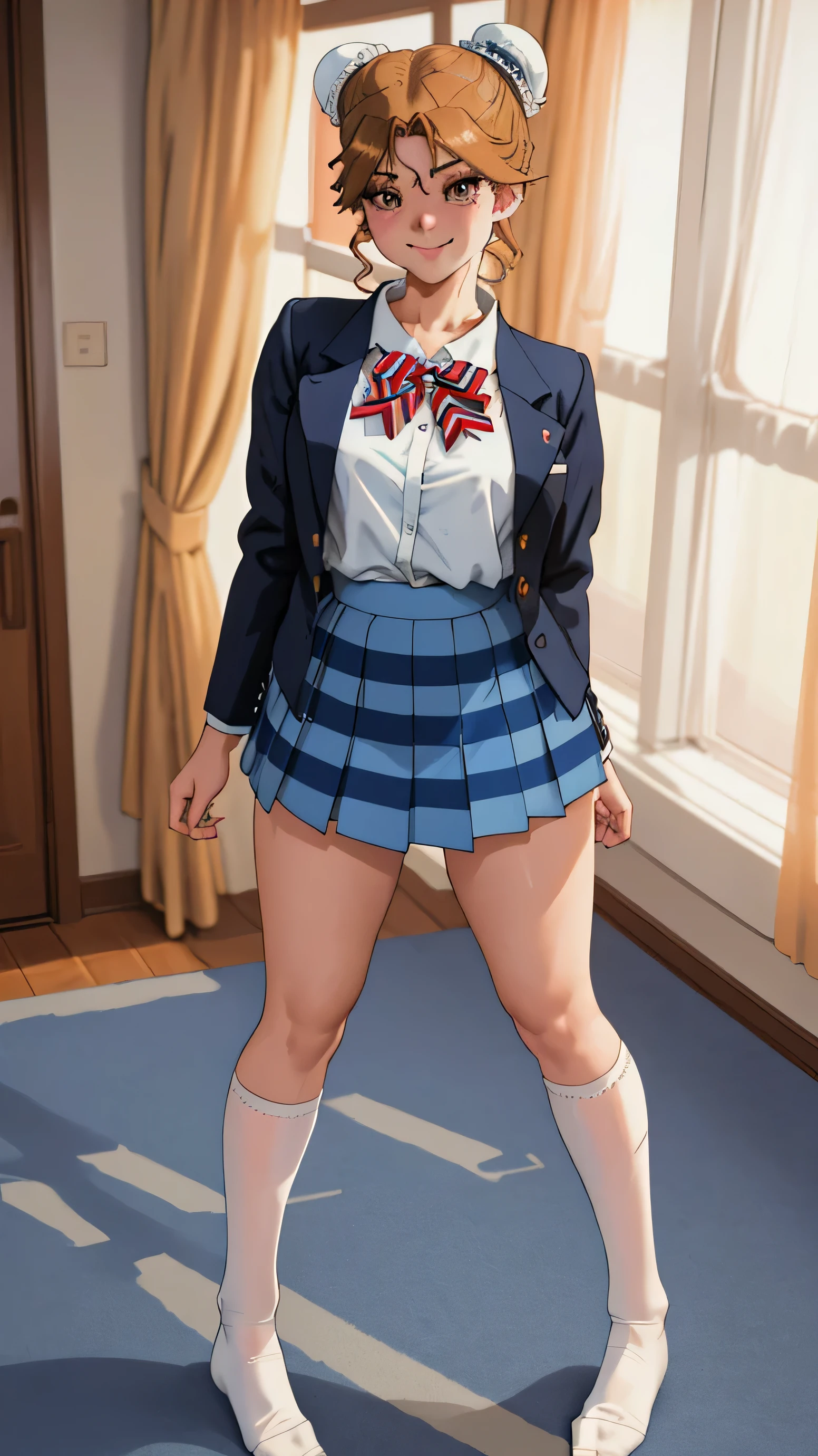 masterpiece, ４K, ８K, highest quality, High resolution, full body shot, (Seen from the floor, forward), early autumn, 1 girl, alone, Accurate and detailed face, fine eyes, grin, Thinly closed mouth, whiteいニーソックス, school uniform, (blazer, dark blue), bow tie, striped skirt, (beautiful feet, two, It grew steadily), 1990s (style), (background at room, (carpet is being pulled, stuffed toy, white,on the floor), (There is a window,with curtains, detailed lace), evening), (cute pose, Looks like a gravure model), look at the camera,