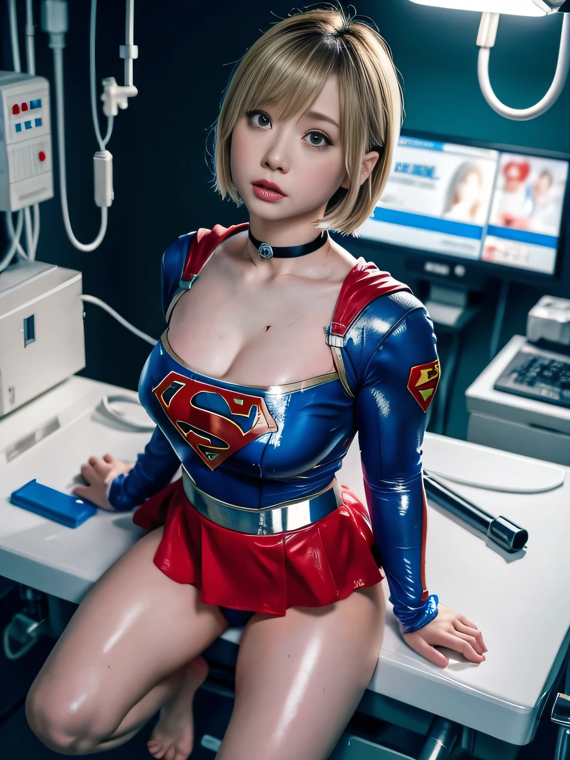 masterpiece、Injured short-haired Supergirl being examined on the operating table in the operating room.、tattered clothes、big and full breasts、look at the camera、shiny costume、milking machine、thick rubber tube、cloudy liquid、Bukkake、Covered with lotion、medical equipment、choker、exhausted、long sleeve、barefoot、red lime