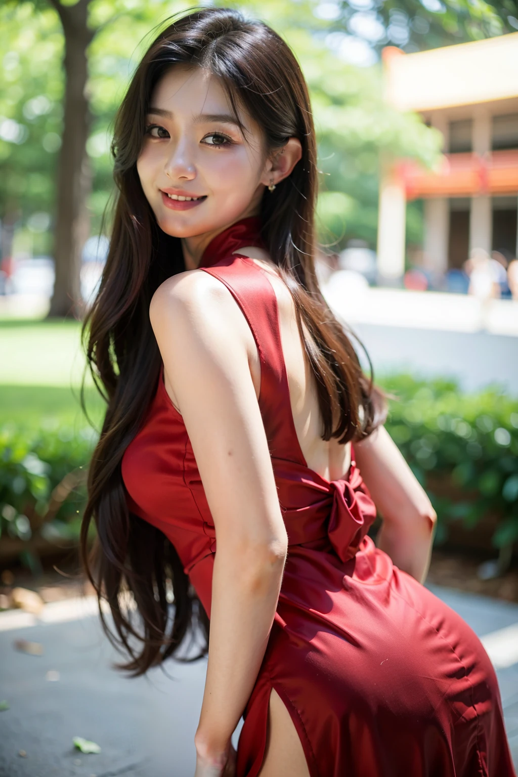 highest quality, figure, Ultra-detailed, finely, High resolution, 8K Wallpaper, 完璧なダイナミックな構figure, ((Sexy pose)), Beautiful Skin, (Big Eyes), 20 year old beauty, Natural color lip, Mid chest, smile, Highly detailed face and skin texture, Detailed eyes, Double eyelid,leaking teeth and laughing, close-up, from behind, Beige long hair, (Red dress shirt:1.2), cherry blossoms