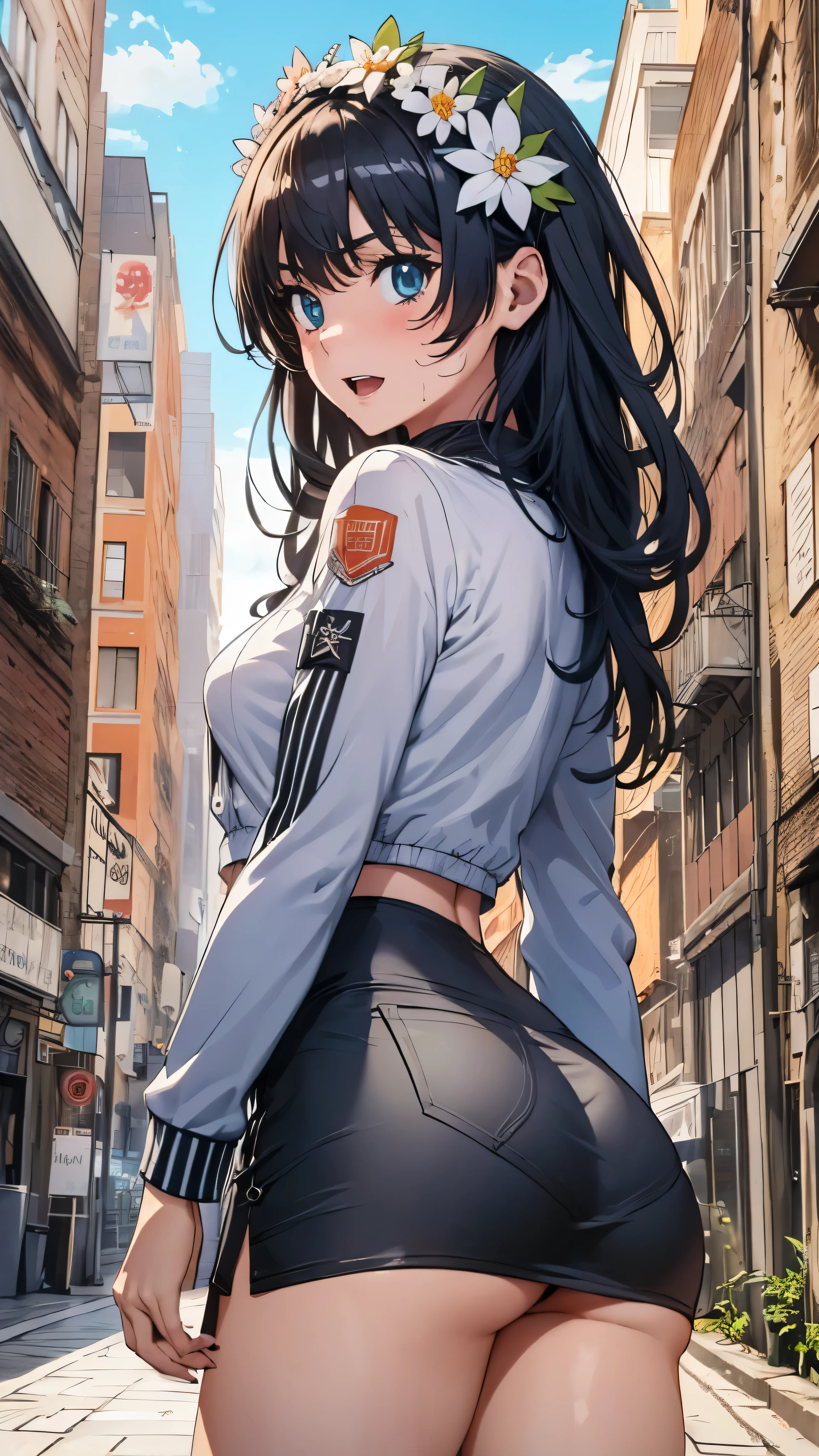 woman,14 years old,,city,night,(((white and blue tight miniskirt bodysuit))),,open mouth smile(())(See-through),(()),((Satin Nariko)),blush、surprised face,((())),((look back))(wet with sweat)