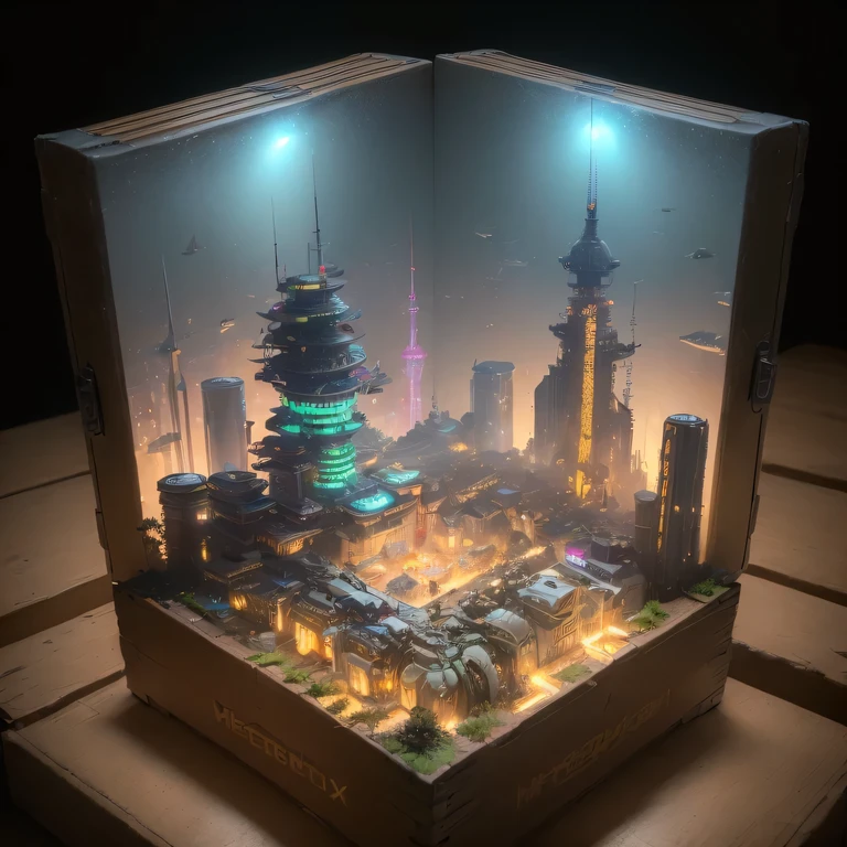 small realistic model, (bifurcation, original photo, best quality, masterpiece:1.4),Steampunk Cyberpunk 1820 City,(Cyberpunk light:1.3), Mards,horizon (related to land),(in a small nature box:1.3),Isometric, small nature, landscape on foundation,landscape,