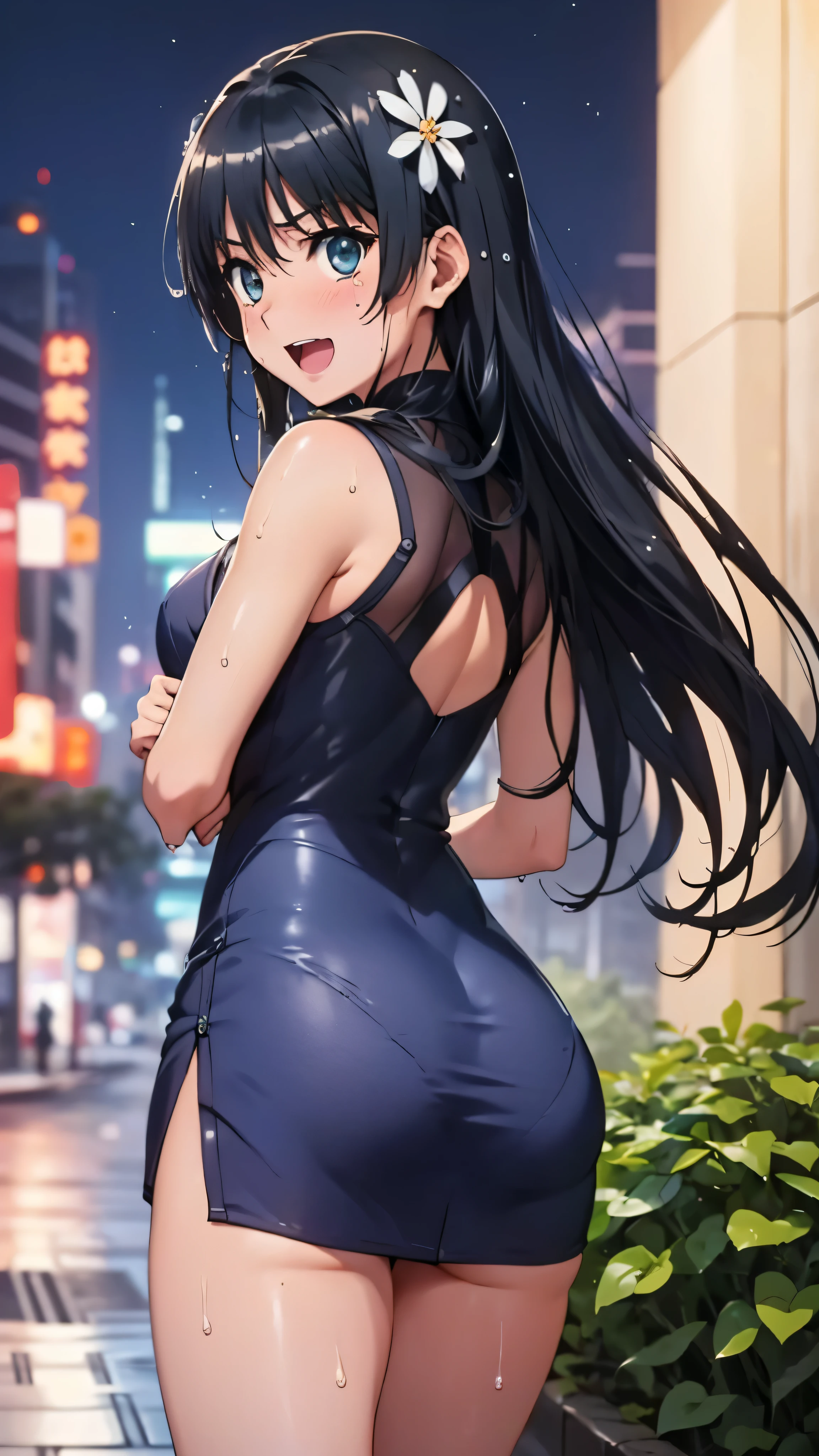 woman,************,,city,night,(((white and blue tight miniskirt bodysuit))),,open mouth smile(())(See-through),(()),((Satin Nariko)),blush、surprised face,((())),((look back))(wet with sweat)