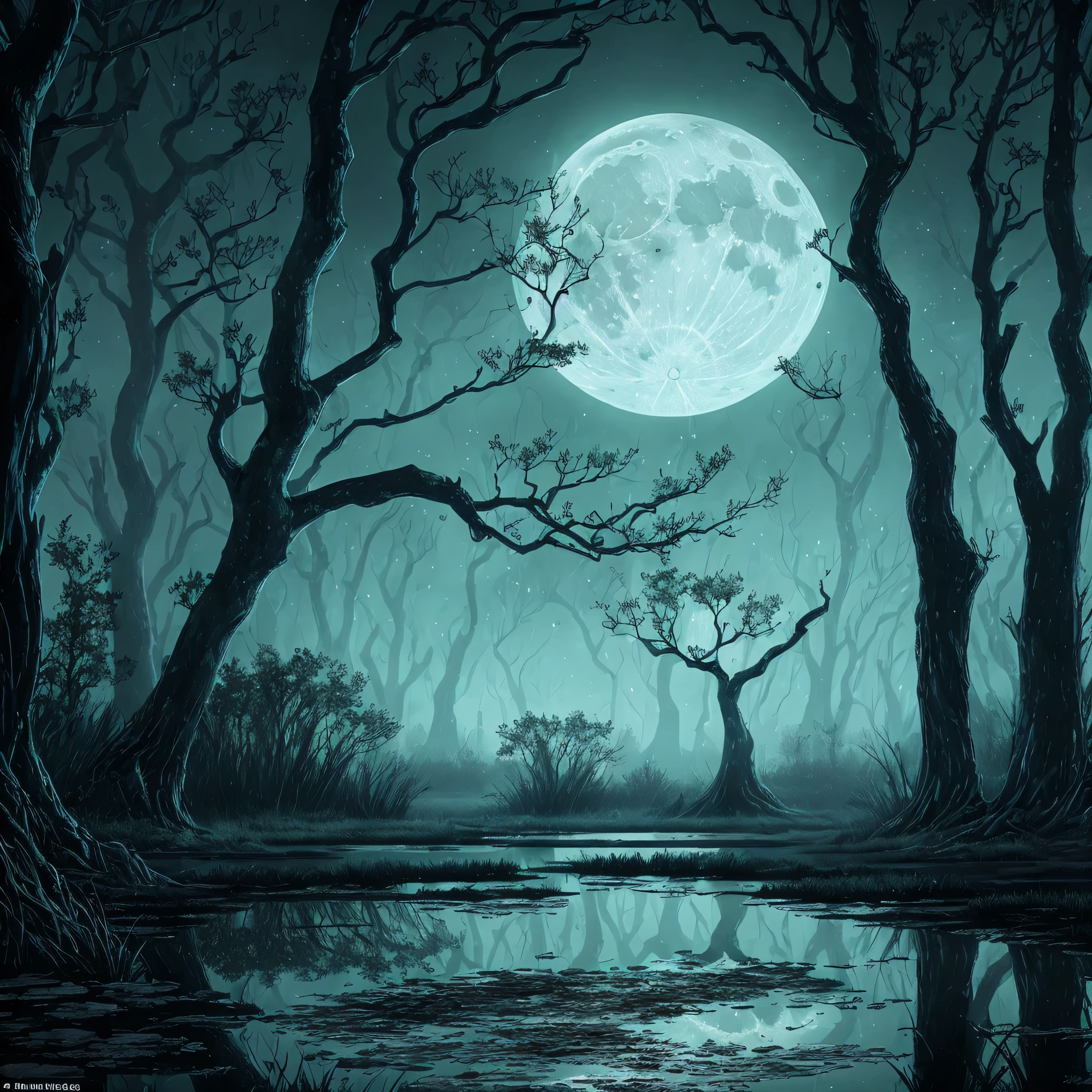 Create a mystical image, Swamp-like scenery under the night sky. The scene must be dominated by darkness., Gnarled trees casting long shadows, The light of the full moon is reflected in the calm swamp. The overall atmosphere should evoke a sense of mystery and curiosity.....