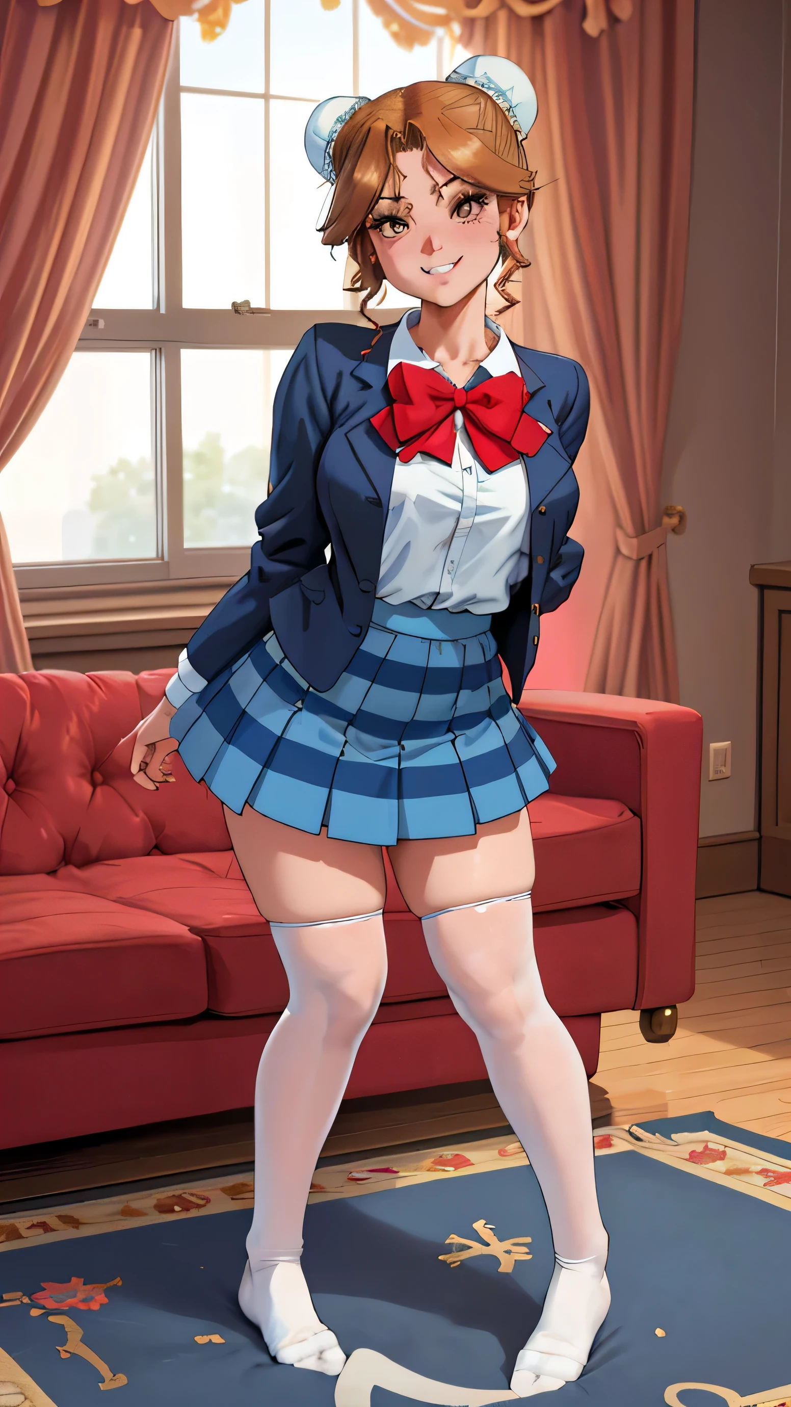 masterpiece, 4K, 8K, highest quality, High resolution, full body shot, (Seen from the floor, forward), early autumn, 1 girl, alone, Accurate and detailed face, fine eyes, grin, Thinly closed mouth, whiteいニーソックス, school uniform, dark blue blazer, bow tie, striped skirt, (beautiful feet, two, It grew steadily), 1990s (style), (cute pose, Looks like a gravure model), look at the camera, (background at room, (carpet is being pulled, stuffed toy, white,on the floor), (There is a window,with curtains, detailed lace), evening),