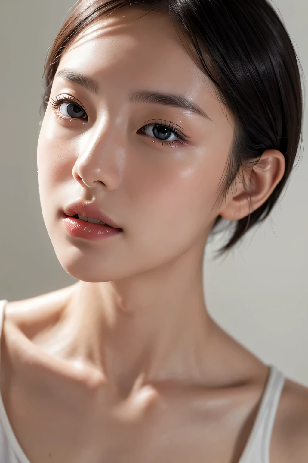 High resolution、face of ecstasy、８ｋ、close-up image、slender body、high nose、long jaw、intellectual beauty、Idol、Neat and clean look、no makeup、Transparent face、white skin、look sideways、narrow eyes、short hair、