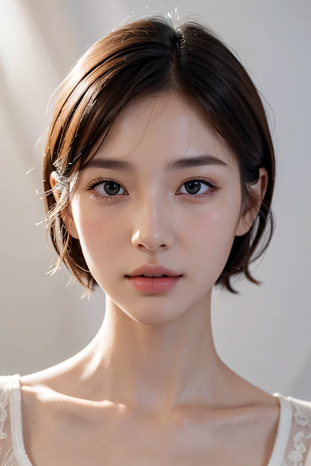 High resolution、face of ecstasy、8k、close-up image、slender body、high nose、long jaw、intellectual beauty、Idol、Neat and clean look、no makeup、Transparent face、white skin、look sideways、narrow eyes、short hair、