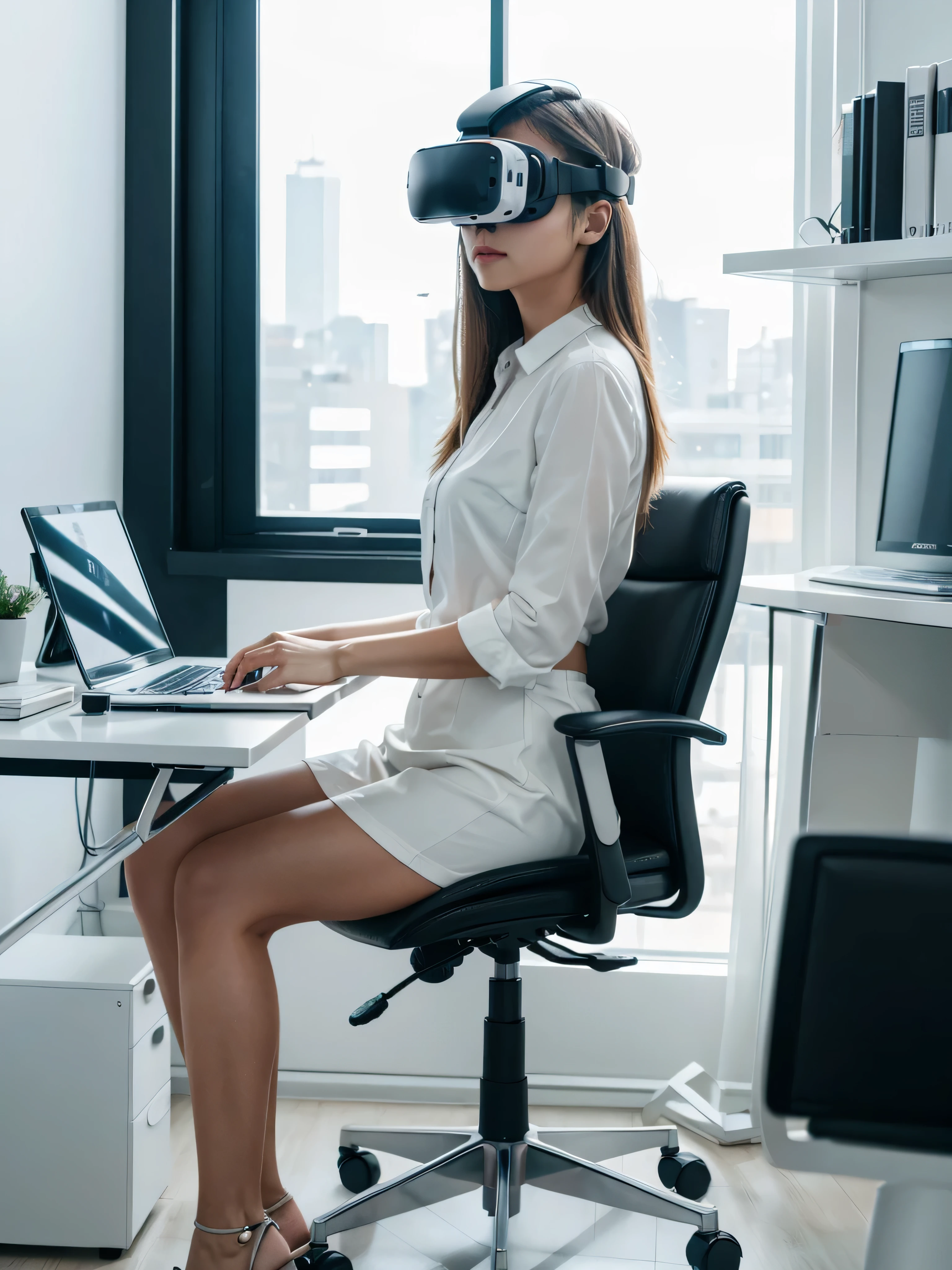 vr glasses using to work office white palette minimalist website image create home office girl executive work technology computer study workplace air productive photorealistic ultrahd 4k 8k detail chair future