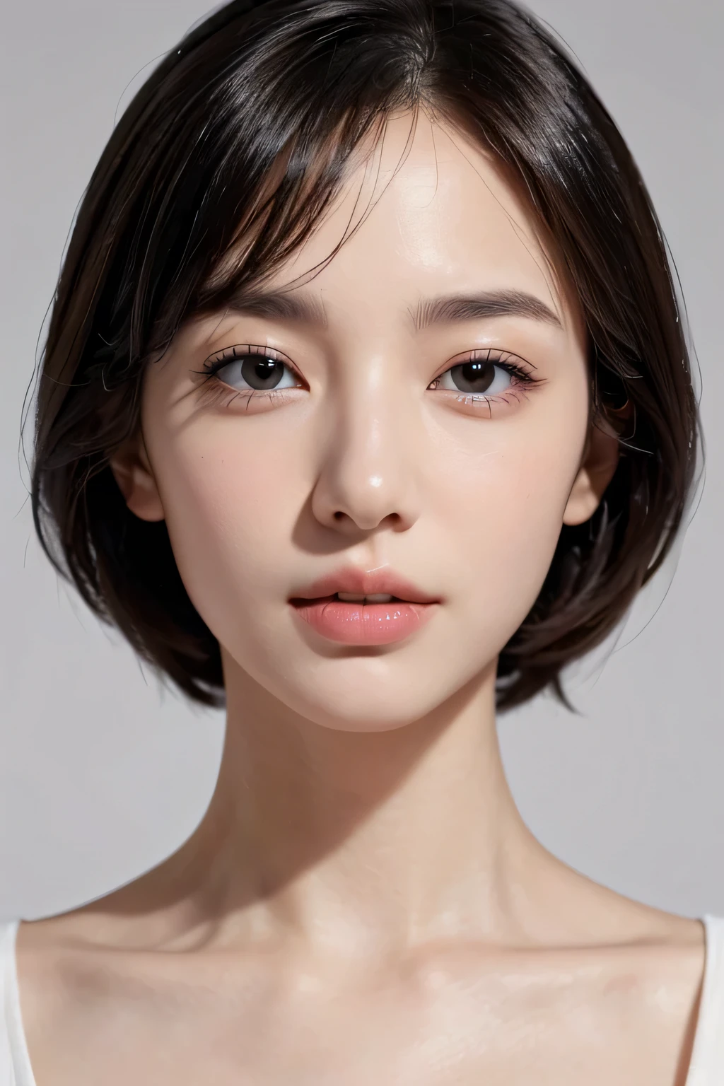 High resolution、face of ???????、8k、close-up image、slender body、high nose、long jaw、intellectual beauty、Idol、Clean and clean、no makeup、Transparent face、white skin、look sideways、narrow eyes、short hair、