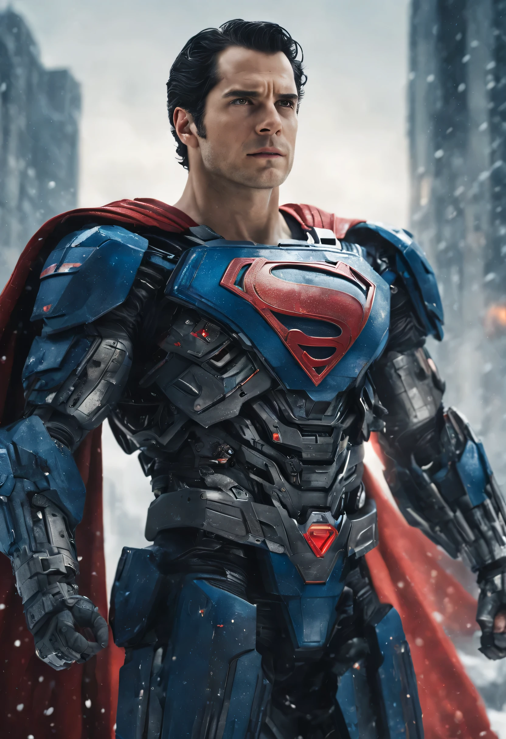 a close up of a superman standing in front of a snow, transformers cinematic universe, wojtek fus, hq 4k wallpaper, transformers : the last knight, in the movie transformers, thertrevkaiser, Henry Cavill as superman, artstation masterpiece, super robot, superman fused with optimus prime, japanese dc live-action movie, hd wallpaper, inspired by Zack Snyder, Henry Cavil so handsome, snow suit