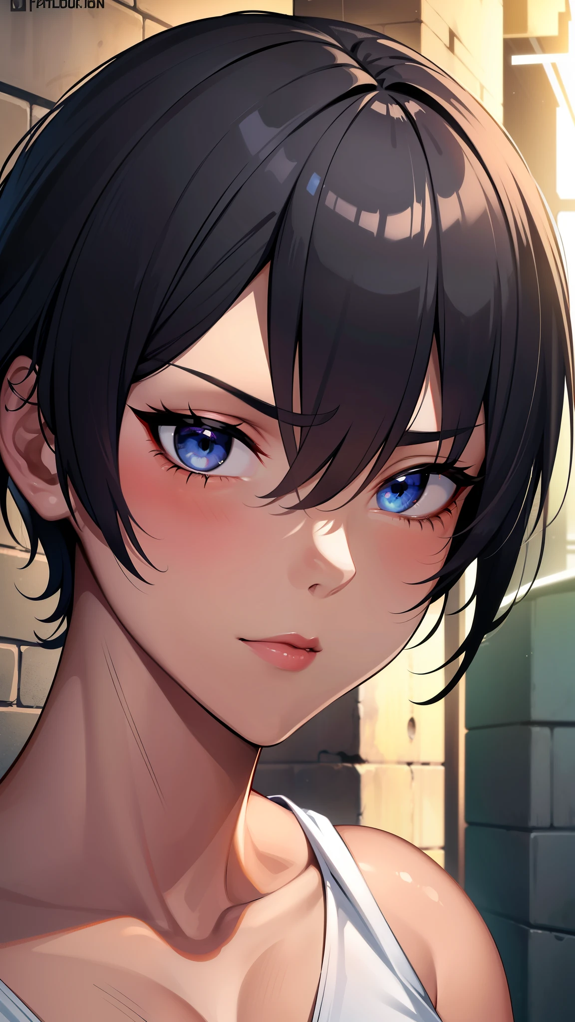 {8k image}, 1beautiful mature woman (tomboy, tanned skin), 30 years old, short black hair shaved on the sides, blue eyes, scar on right eye, lip piercing, red lips, wearing a dirty white tank top, looking at the spectator with a bad boy face, facing forward, {centered image}, focus only on the face, {face portrait}, alley background at dusk, manga art style, lineart, lineart with fine lines, extremely detailed art