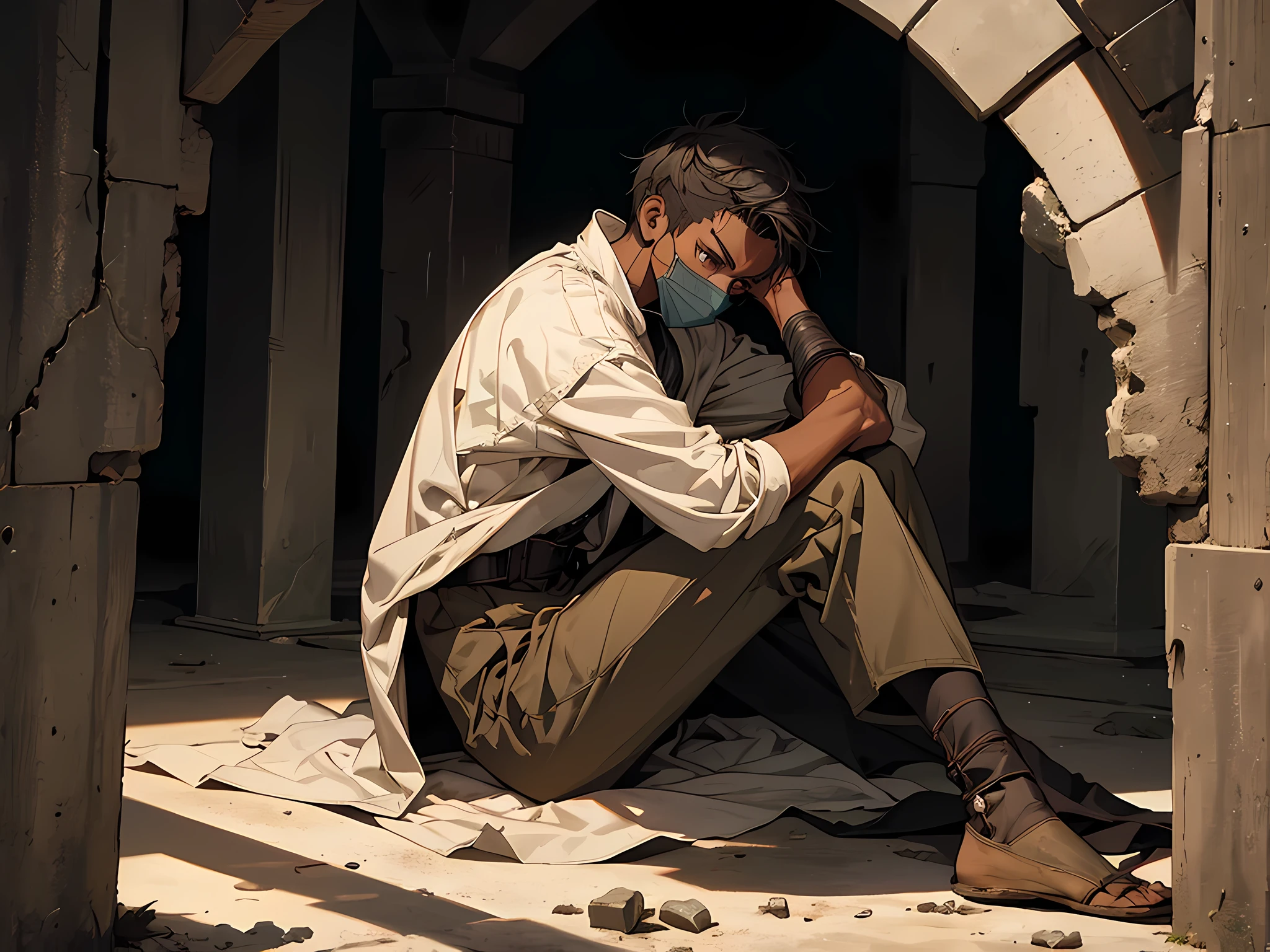 thin young man, dark skin wearing mask, slavery, this man is a slave, in a prison, dungeon, dark, medieval times, frustrated, torn clothes, sitting in a cell