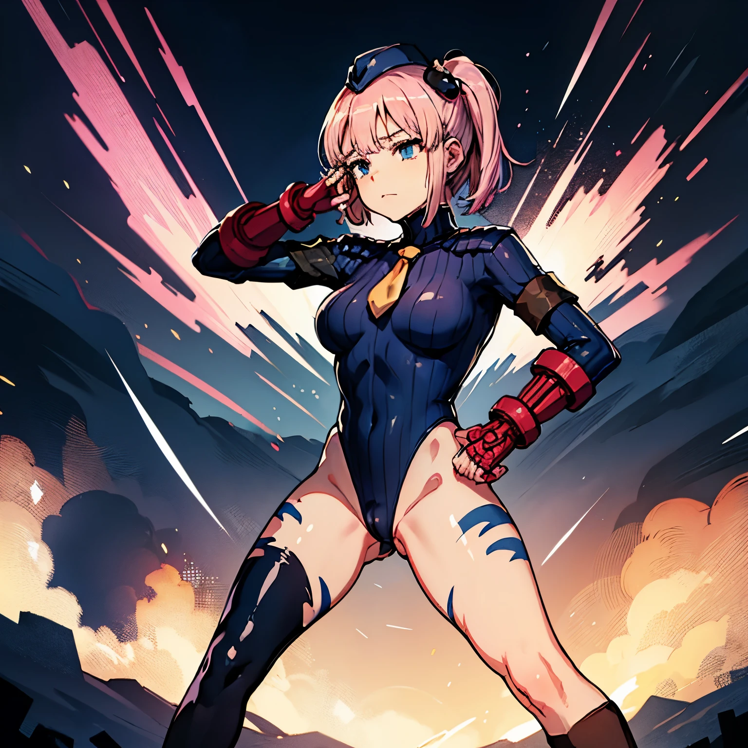 ultra-detailed, Explicit, Beautiful body, Beautiful Nose, Beautiful character design, perfect eyes, perfect face, ultra highres, 4K, beautiful legs, perfect legs, Nice hands, Perfect hand, Masterpiece, Best Quality, Highly detailed, illustration, absurdres, perfect anatomy, street fighter, doll suit, shadaloo doll, dollsuit, expressionless, blank eyes, looking at viewer, red gloves, emotionless, black latex, corruption, mind control, female combatant, full body, hypnotized, unhappy trance, full body suit, ribbed bodysuit, both arms at side, obey, perfect female body, extremely glossy latex, hypnosis, hypnoLora, empty eyes, Blank eyes, Mind control device, poses, submissive_pose, Slave, stand up straight, standing, standing at attention, hat, necktie, belt, latex, ribbed bodysuit, thighhighs, garter belt, Fighting Stance, extending the right arm from the shoulder into the air with a straightened hand, military, thigh boots, 1girl, hair ornaments, pink hair, Short hair, Blue eyes, (((pixel-perfect, detail-perfect))), solo, 1girl, Chiyoda Momo, The Demon Girl Next Door