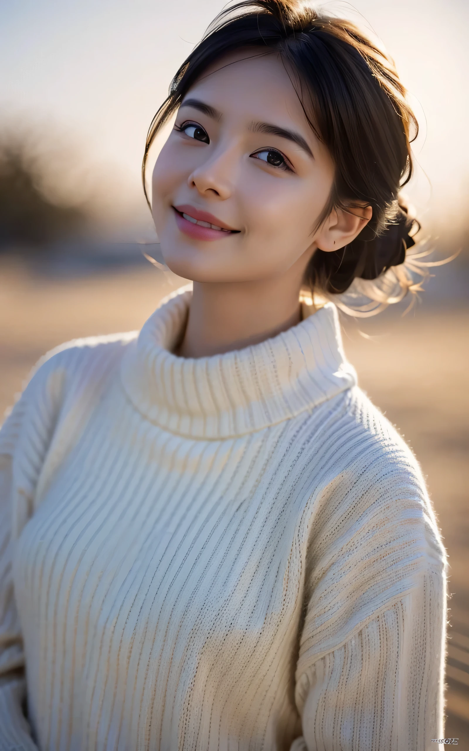 photo-realistic, surreal, cinematic lighting, 32K, 1 girl, look up, Backlight, (bright light:1.2), (Improvement of quality:1.4), (Highest quality realistic textured skin:1.4), detailed eyes, detailed face, shy smile, close up of face, hair up, knit sweater, (Enhances the beauty of skin texture:1.1), matte texture