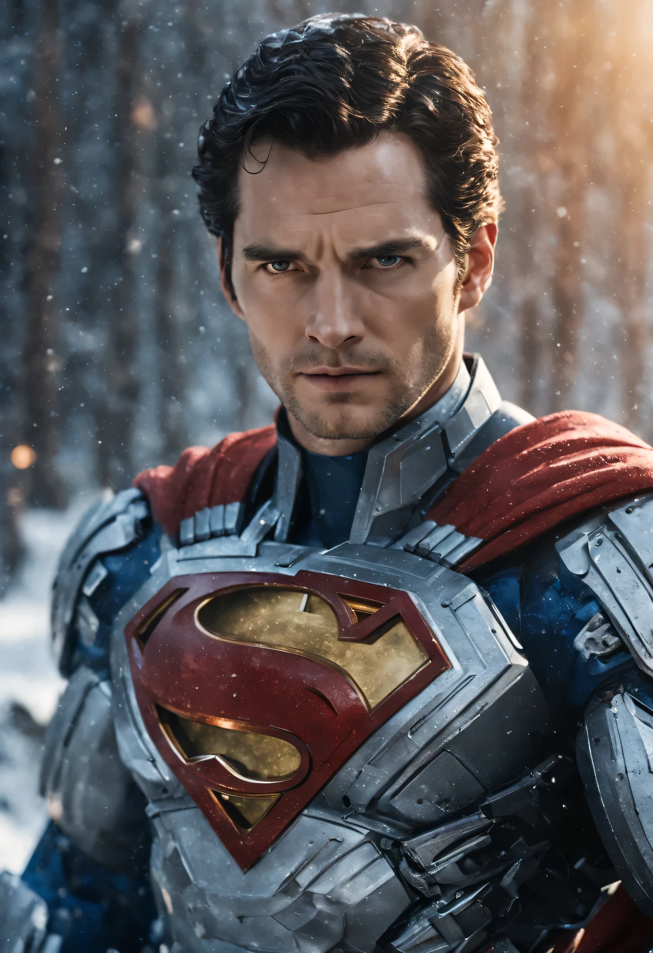 a close up of a superman standing in front of a snow, transformers cinematic universe, wojtek fus, hq 4k wallpaper, transformers : the last knight, in the movie transformers, thertrevkaiser, Henry Cavill as superman, artstation masterpiece, super robot, superman fused with optimus prime, japanese dc live-action movie, hd wallpaper, inspired by Zack Snyder, Henry Cavil so handsome, snow suit