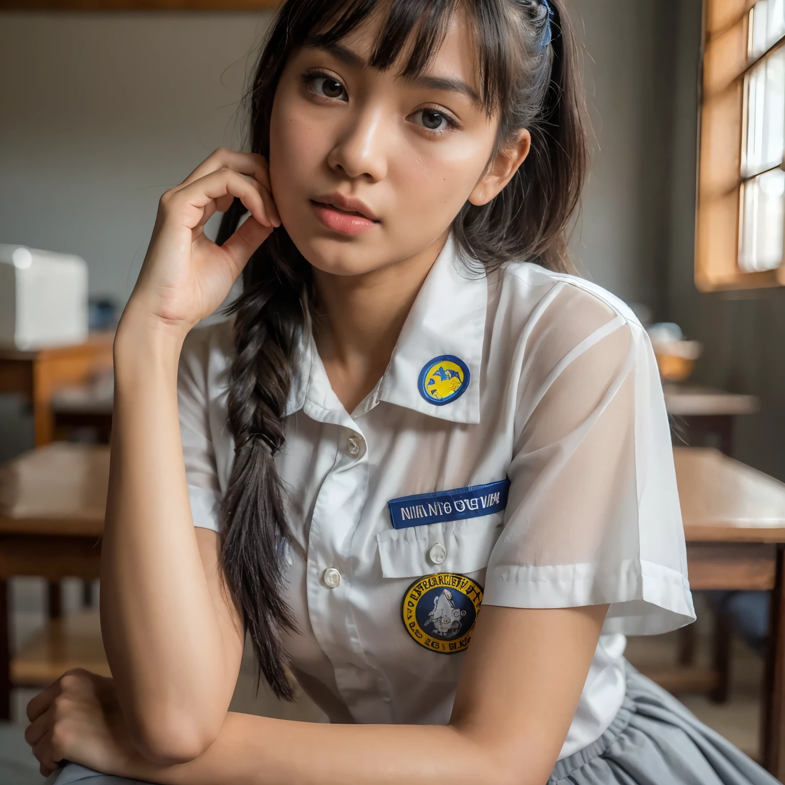 hyper ultra realistic photography, dramatic light, dynamic model pose, full body of beautiful sundanese Indonesian girl, 18 years old, detail face, long black hair braid hairstyle, cute pose, wearing white hem uniform with school badge, button all opened, big breast & red lace brassiere see through, wear short blue grey skirt, typical indonesian school classroom environtment, daylight, HDR10, photo by analog camera Nikon D850 f/16, 35mm, high detailed, wallpaper quality, good anatomy, body, hand & fingers