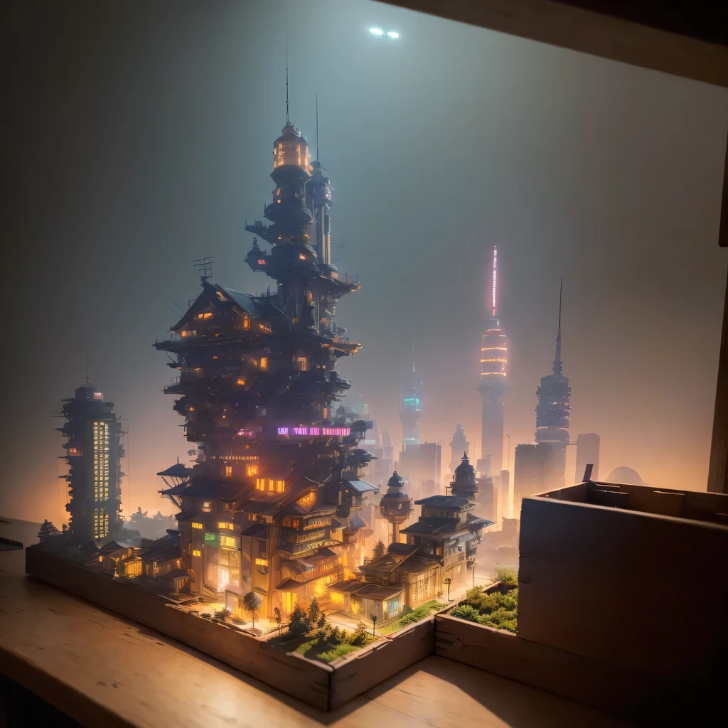 small realistic model, (bifurcation, original photo, best quality, masterpiece:1.4),Steampunk Cyberpunk 1820 City,(Cyberpunk light:1.3), Mards,horizon (related to land),(in a small nature box:1.3),Isometric, small nature, landscape on foundation,landscape,