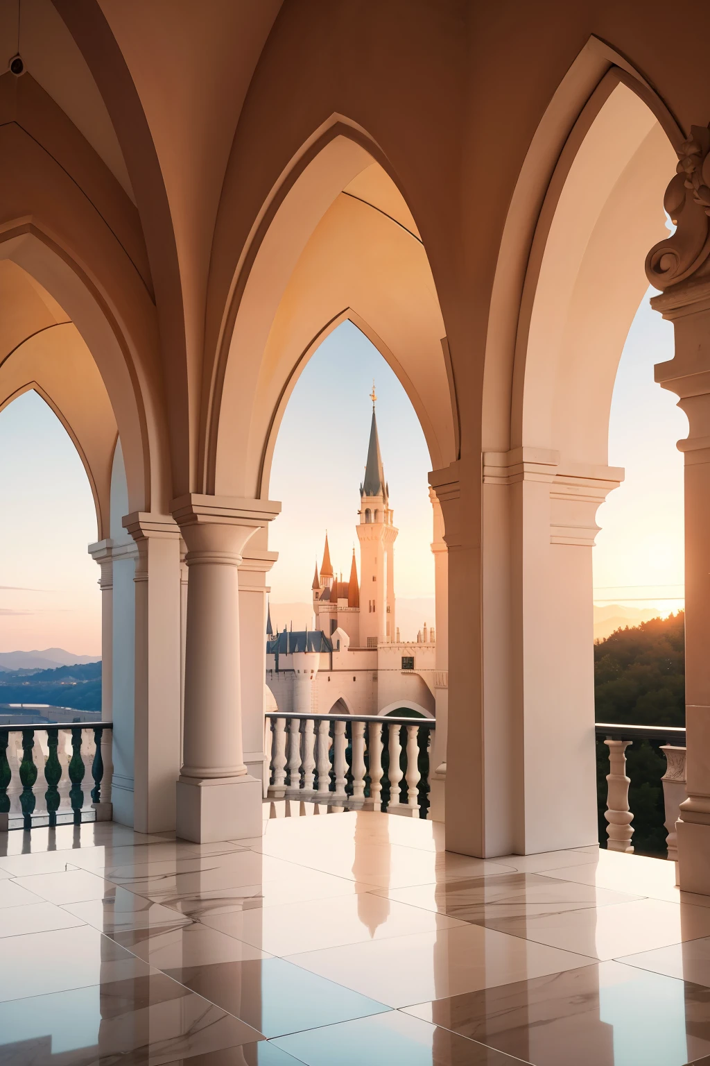 Amidst a tranquil sunset, a pristine white stone castle stands out with its minimalist and elegant design. The arches, adorned with artistic decorations, frame the breathtaking view of the sky as the orb of the sun slowly sinks below the horizon. Marble flooring reflects the warm hues of the setting sun, while glass windows offer a glimpse of the castle's inner beauty. The modernity of the castle is revealed in its sleek lines and sleek details that blend harmoniously with the castle's timeless charm. The castle's courtyard, filled with lush green grass and vibrant flower beds, adds to the overall fresh and elegant ambiance. The gentle