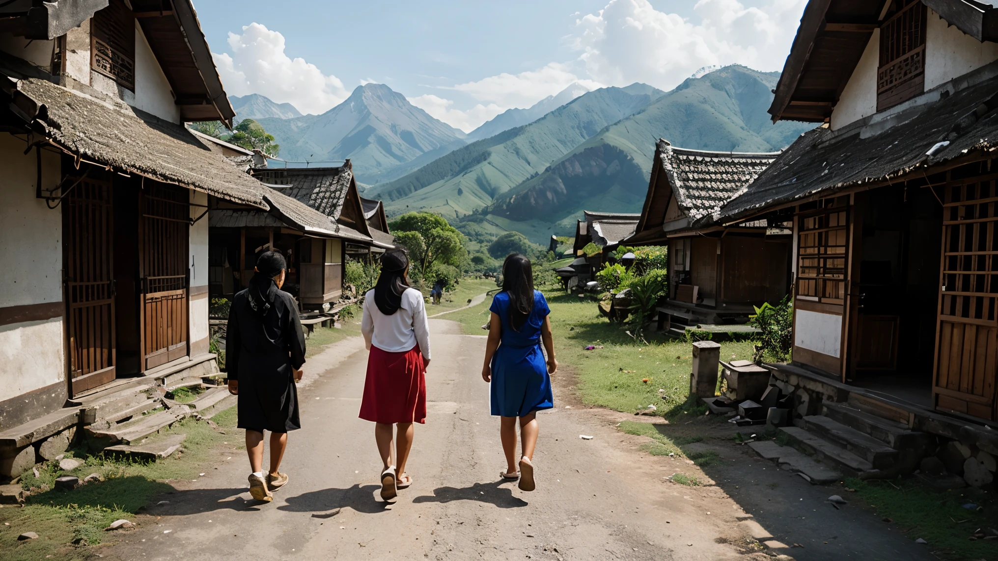 a group of indonesian people from behind were walking through the mountains