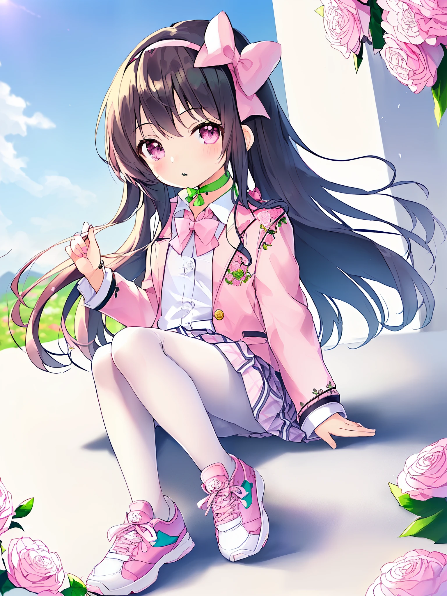 1 girl, solo, masterpiece, best quality, ultra resolution, ultra high details, 8k unity, (anatomically correct:1.3), (petite loli:1.4), (full body:1.2), (black hair:1.2), grey eyes, (hair above shoulder:1.3), high quality eyes, high quality hands, (white collared shirt:1.5), (pink suit jacket with embroidered flowers:1.5), (long sleeves:1.5), (frilled sleeves:1.2), (outfit open:1.6), (white plaid skirt:1.5), (wide hairband:1.3), (pink bow:1.5), (white pantyhose:1.3), (pink white sports shoes:1.3), (green choker:1.5), (urban lane:1.3), (sunny sky:1.2), high quality background, detailed background