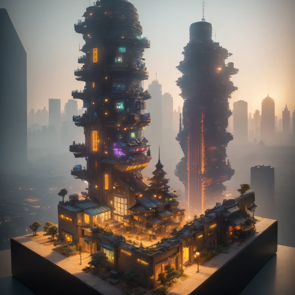 small realistic model, (bifurcation, original photo, best quality, masterpiece:1.4),Steampunk Cyberpunk 1820 City,(Cyberpunk light:1.3), Mards,horizon (related to land),(in a small nature box:1.3),Isometric, small nature, landscape on foundation,landscape,