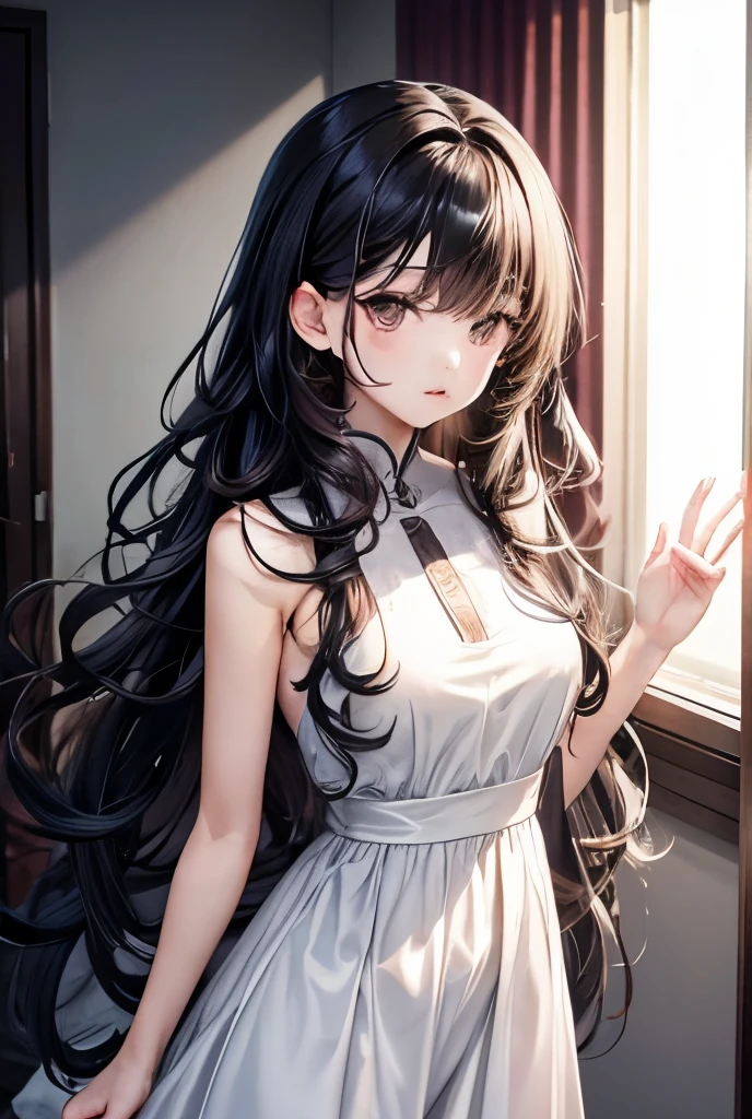 masterpiece、Highest quality、High resolution、High-quality images、8K, 1 girl、Skin Radiance、Texture of skin and clothing、Expression of fine eyes、Glossy silver hair,Long Hair Girl, Manga inspired by Lee Jong-suk, Trending on deviantart, realism, detailed manga style, Manga art style, Perfect Line Drawing, Beautiful line art, digital manga art girl, K-POPアイドル, dress, Beautiful pink eyes, Fuller lips, Gorgeous face with attention to detail, (Cute Smile), charm, Innocent, Side view, (Perfectly detailed face), (Beautiful Hands) Photorealistic images, Written boundary depth, Half-up hairstyle, dress,Association, evening、13 years old