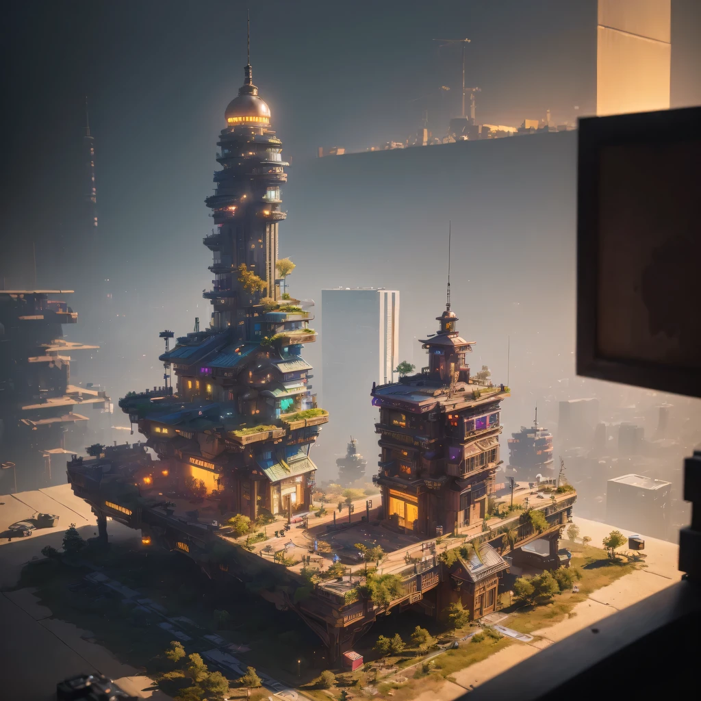small realistic model, (bifurcation, original photo, best quality, masterpiece:1.4),Steampunk Cyberpunk 1820 City,(Cyberpunk light:1.3), Mards,horizon (related to land),(in a small nature box:1.3),Isometric, small nature, landscape on foundation,landscape,