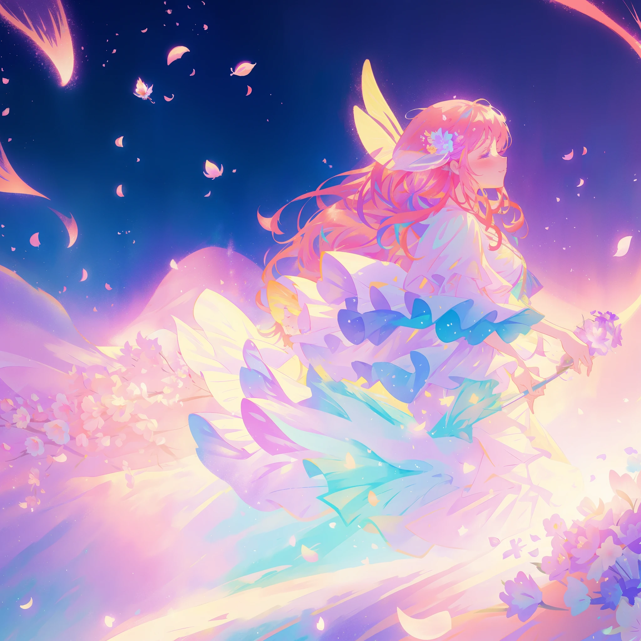 close up of a beautiful fairy girl in tiered gradient ballgown dress, gradient colorful dress, ((layered flower petal skirt)), fairy dress, fairy queen, magical fantasia background, (glowing fairy wings), glowing flowing ballgown, long wavy hair, sparkling fairy wings, watercolor illustration, inspired by Glen Keane, inspired by Lois van Baarle, disney art style, jen bartel, beautiful digital illustration, beautiful, masterpiece, best quality, anime disney style