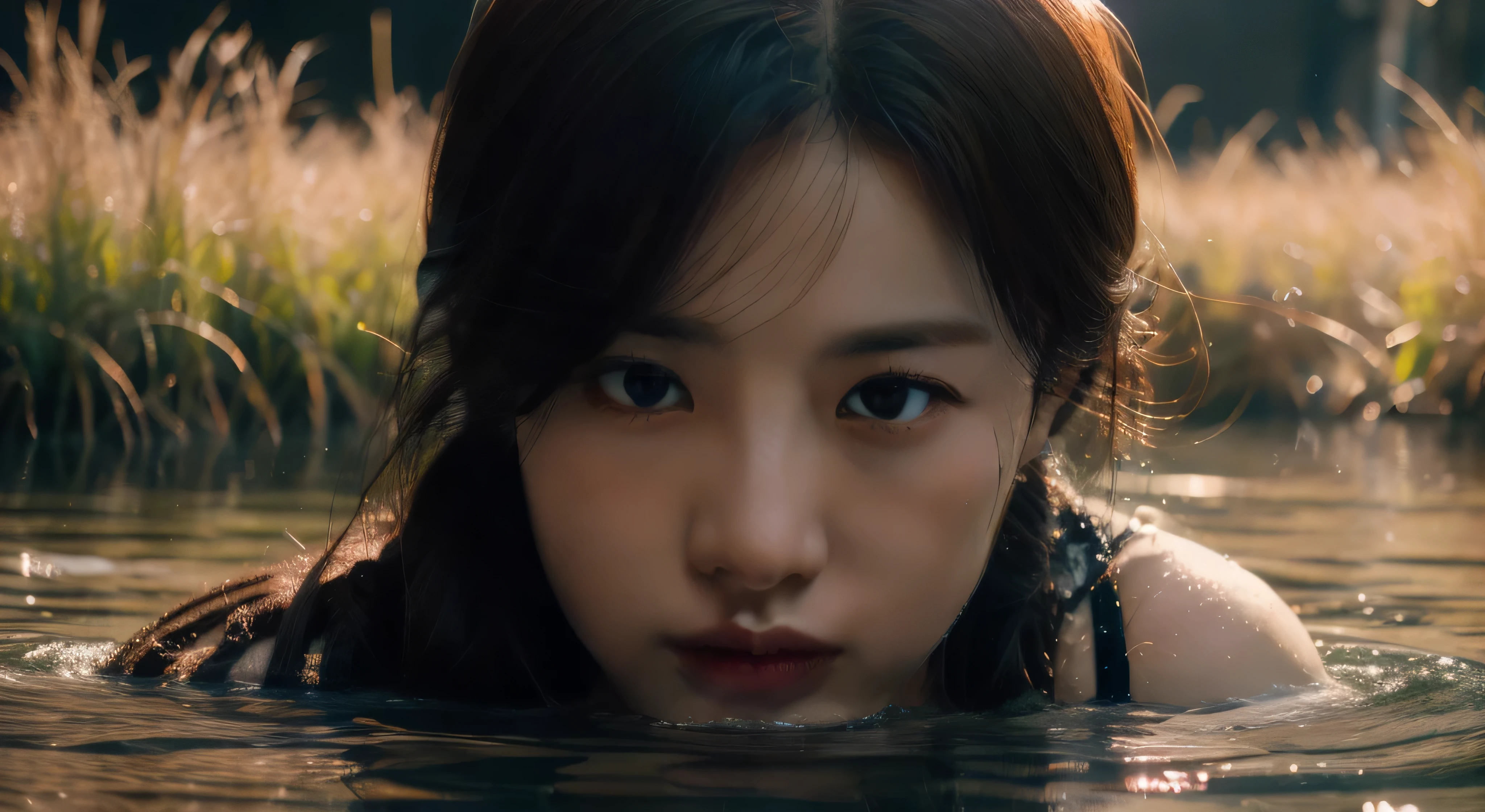 Close up portrait of cute  (Gladot) Bathing in the river, reeds, (backlight), realistic, masterpiece, best quality, lens flare, shade, flower, [[chromatic aberration]], jeremy lipking(jeremy lipking), Anthony J.. Manzanedo, digital painting,