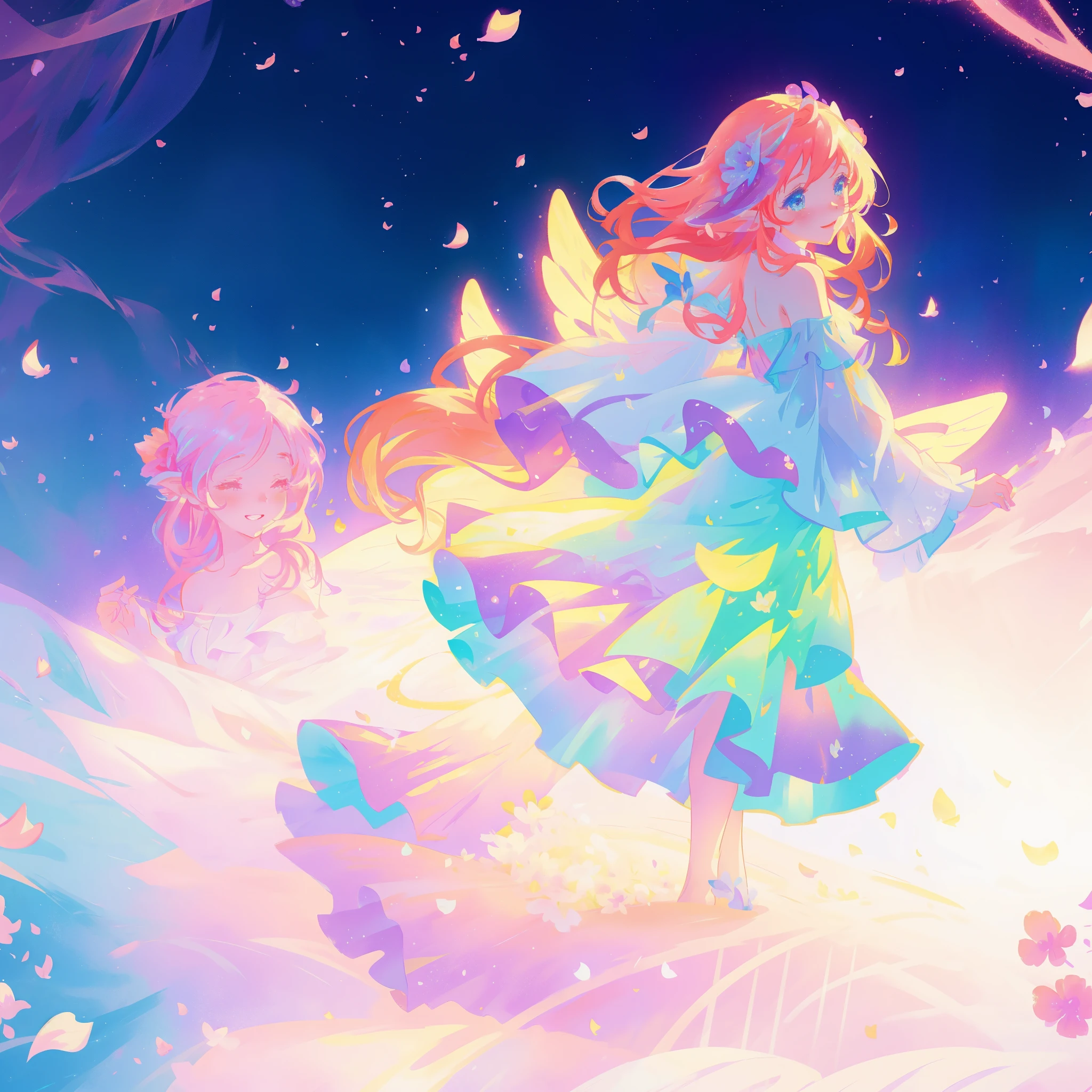 close up of a beautiful fairy girl in tiered gradient ballgown dress, gradient colorful dress, ((layered flower petal skirt)), fairy dress, fairy queen, magical fantasia background, (glowing fairy wings), glowing flowing ballgown, long wavy hair, sparkling fairy wings, watercolor illustration, inspired by Glen Keane, inspired by Lois van Baarle, disney art style, jen bartel, beautiful digital illustration, beautiful, masterpiece, best quality, anime disney style