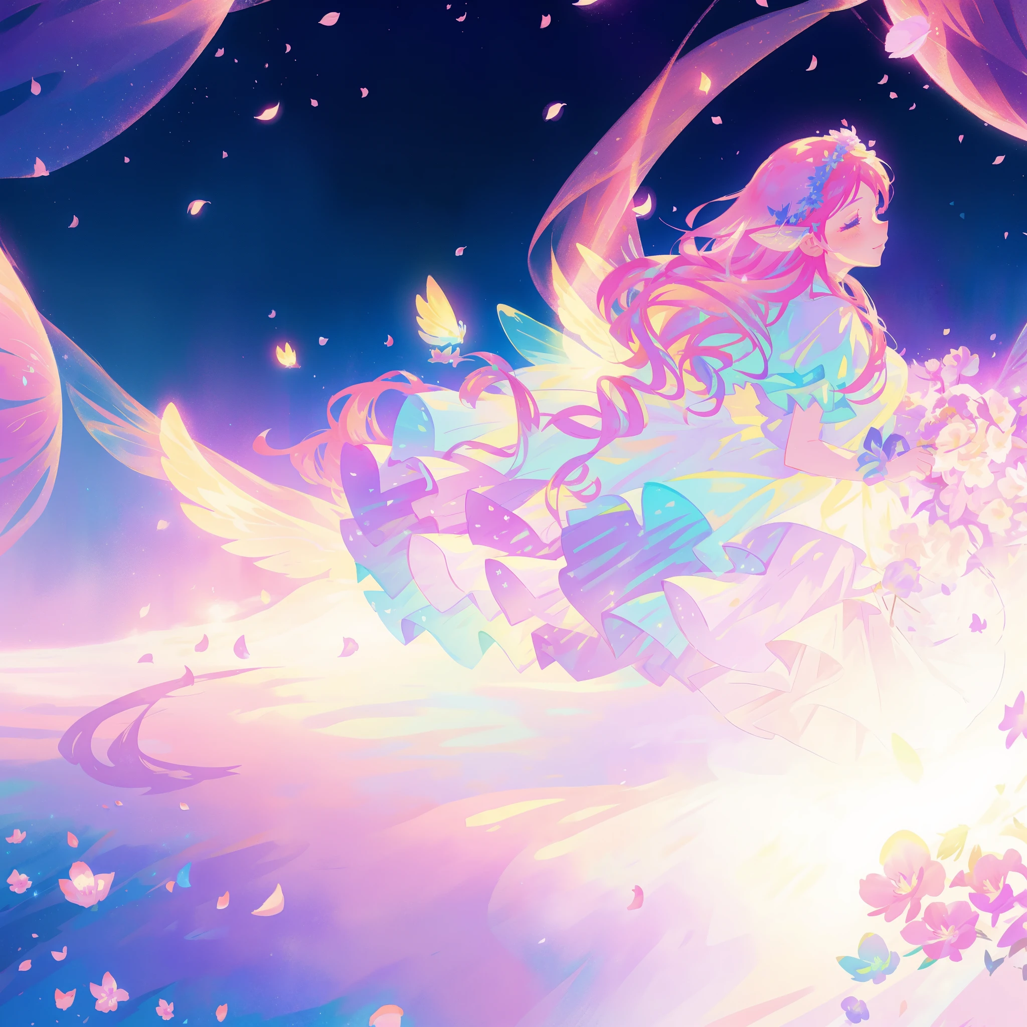 close up of a beautiful fairy girl in tiered gradient ballgown dress, gradient colorful dress, ((layered flower petal skirt)), fairy dress, fairy queen, magical fantasia background, (glowing fairy wings), glowing flowing ballgown, long wavy hair, sparkling fairy wings, watercolor illustration, inspired by Glen Keane, inspired by Lois van Baarle, disney art style, jen bartel, beautiful digital illustration, beautiful, masterpiece, best quality, anime disney style