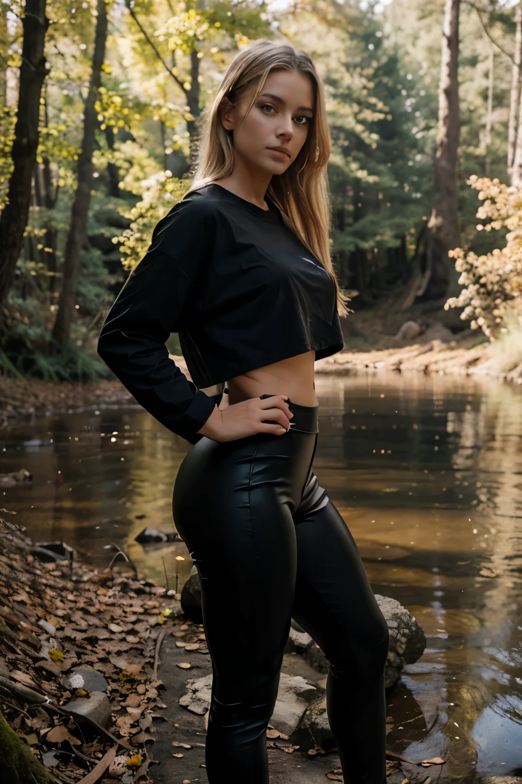 tanned blonde in the woods, posing, wearing black leggins and oversized tshirt with no logo , standing close to the river