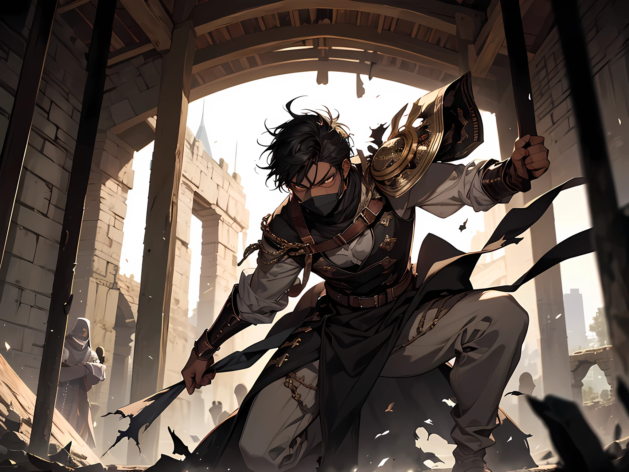 thin young man, dark skin wearing mask, slavery, this man is a slave, black hair, medieval times, frustrated, torn clothes, in a battle arena, ragged oversized clothes, imprisoned, bruised, punch scars,