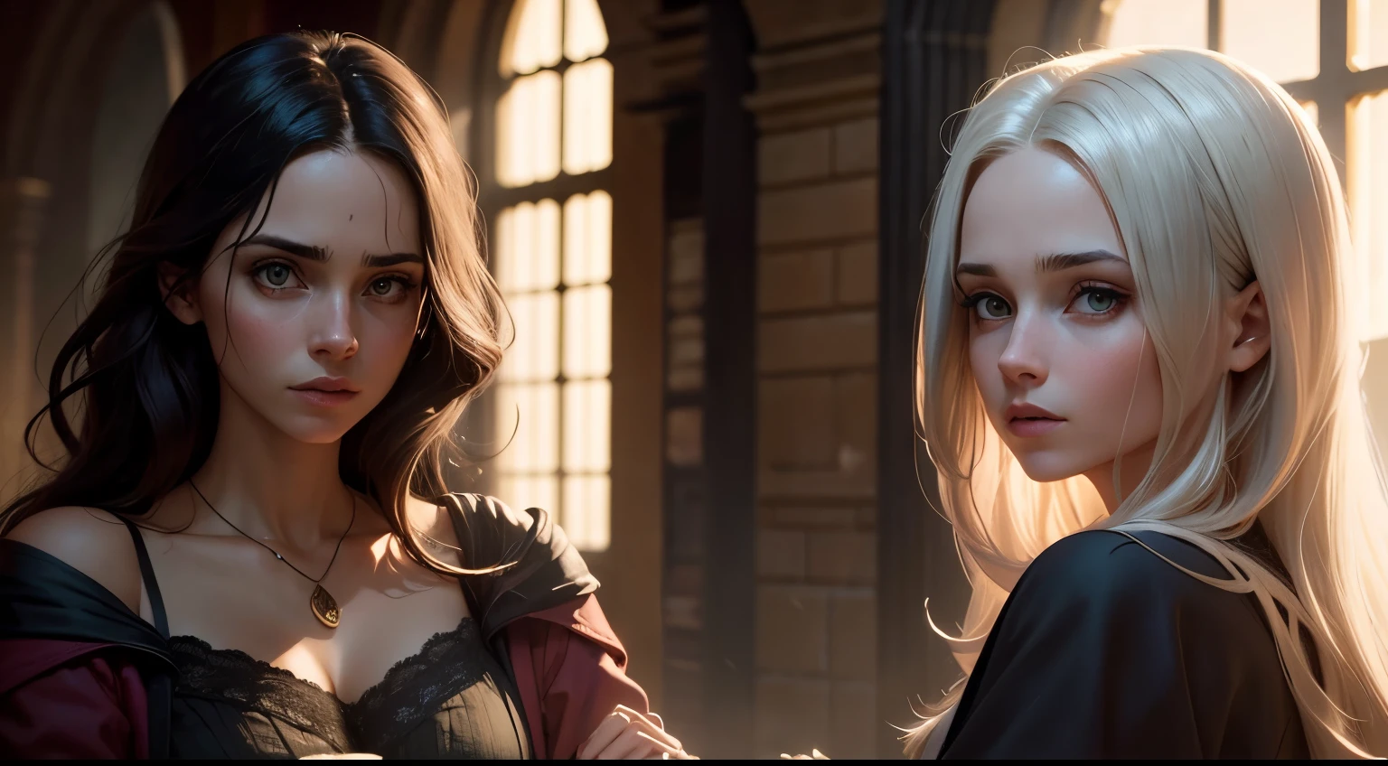 Personagem feminina no universo de Harry Potter, magra, olhos extremamente pretos, cabelos pretos, cinematographic, fechar-se, day in the morning, daytime lighting