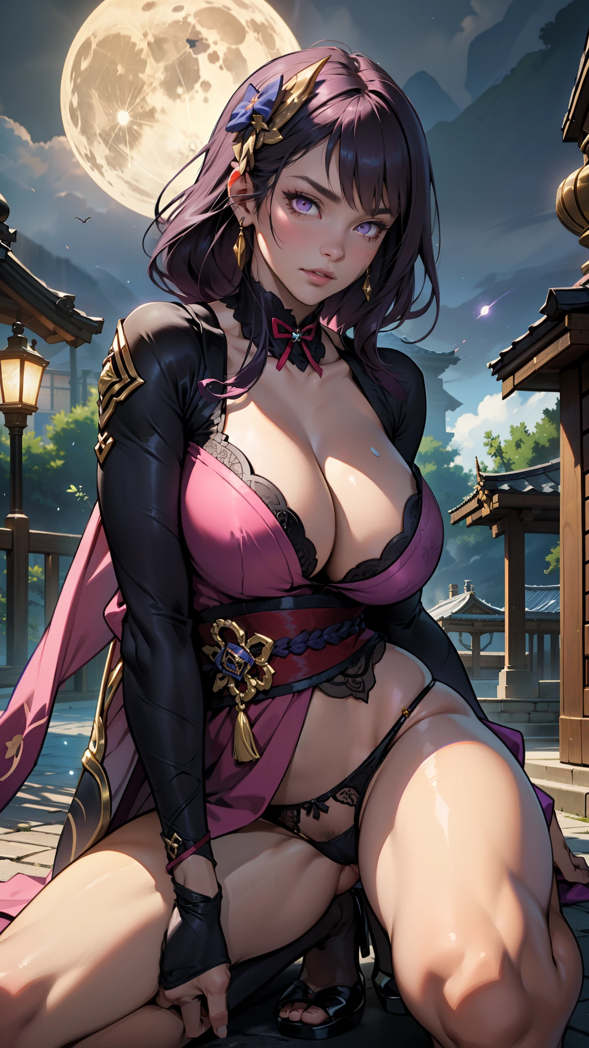 ((ultra realistic photo, 8k uhd, professional photo, full of details in clothes and face, eyes full of life, pink eye color, masterpiece, girl goddess of beauty)). Shogun Raider from Genshin Impact is a sexy woman with long flowing purple hair, pink energy glow at the ends of her hair, she wears highly detailed sexy lingerie, transparent panties, detailed kimono, she wears a jewel on the side of her head adorned with details gold and a jewel in the center. - She wears a purple and pink outfit with gold details, with ornate designs in gold. The upper part of the armor is tight to the body, highlighting her curves, her marked natural breasts, (she has long breasts, huge and perfect breasts emerging from her sexy and erotic cleavage, pointed BREASTS), ((transparent micro panties showing her pussy, perfect pussy, pubic hair, tight panties)), defined body, body with curves, big pert ass, pussy on display, Her arms are covered by armored gloves with similar designs in gold and attached to the arm by straps. - A piece of cloth flows from his waist, complementing the look of the armor. - ((Her face is very pretty, she has light pink eyes and a serious expression)). - In the background, there is a dramatic sky full of dark clouds and purple lightning lighting the scene. The full moon is visible between the clouds. poses, doing poses, sitting with legs open, squatting showing pussy, on all fours, heroic and flashy possessions. Noite