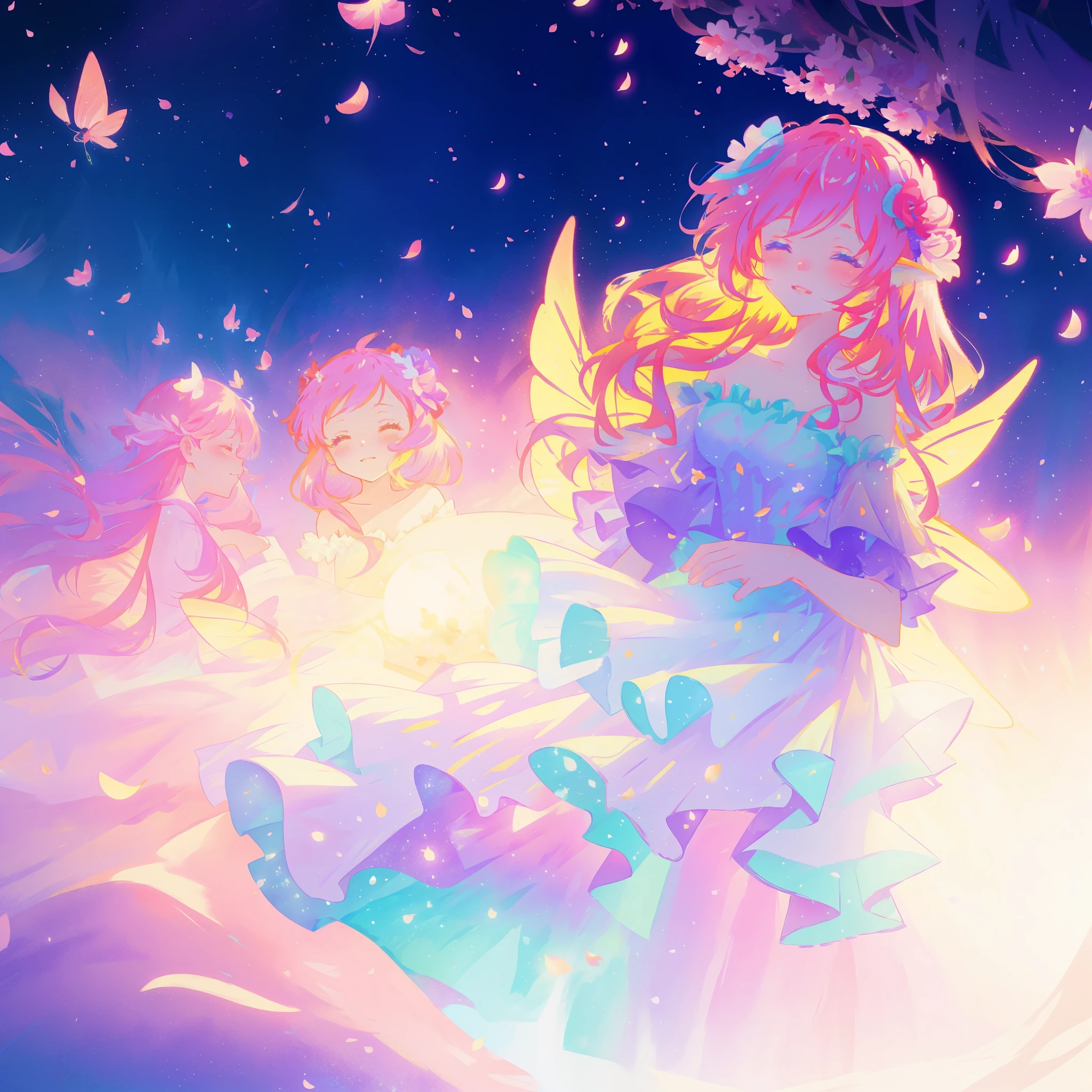 close up of a beautiful fairy girl in tiered gradient ballgown dress, gradient colorful dress, ((layered flower petal skirt)), fairy dress, fairy queen, magical fantasia background, (glowing fairy wings), glowing flowing ballgown, long wavy hair, sparkling fairy wings, watercolor illustration, inspired by Glen Keane, inspired by Lois van Baarle, disney art style, jen bartel, beautiful digital illustration, beautiful, masterpiece, best quality, anime disney style
