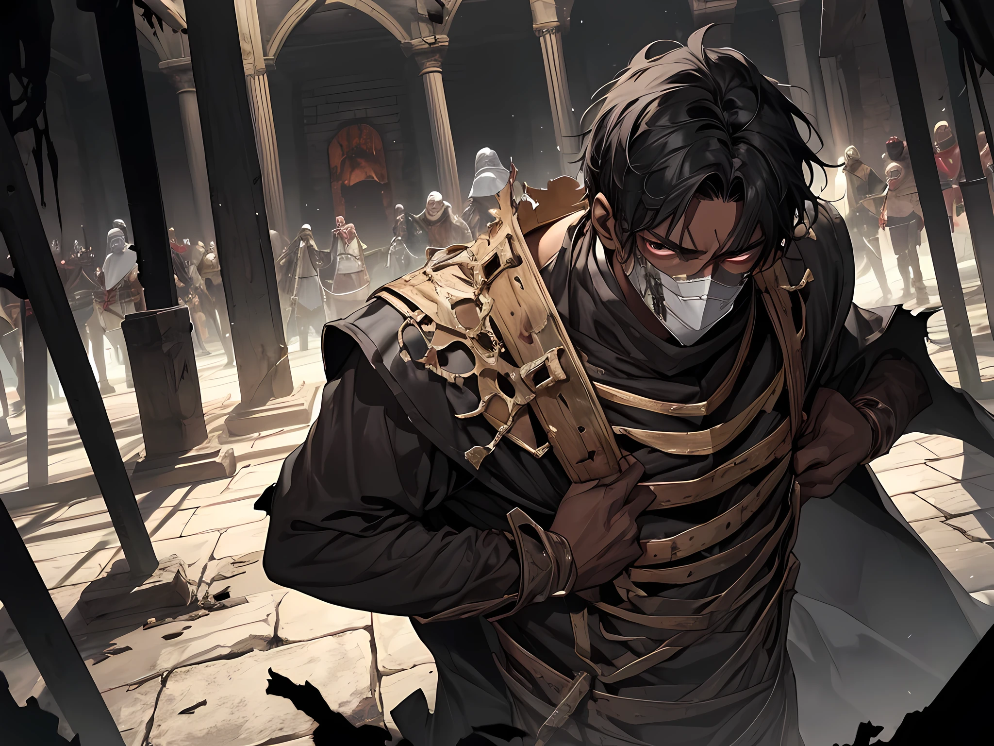 thin young man, dark skin wearing mask, slavery, this man is a slave, black hair, medieval times, frustrated, torn clothes, in a battle arena, ragged oversized clothes, imprisoned, bruised, punch scars, bloody face