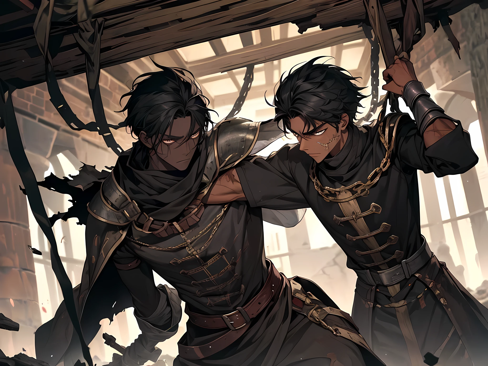 thin young man, dark skin wearing mask, slavery, this man is a slave, black hair, medieval times, frustrated, torn clothes, in a battle arena, ragged oversized clothes, imprisoned, bruised, punch scars, bloody face