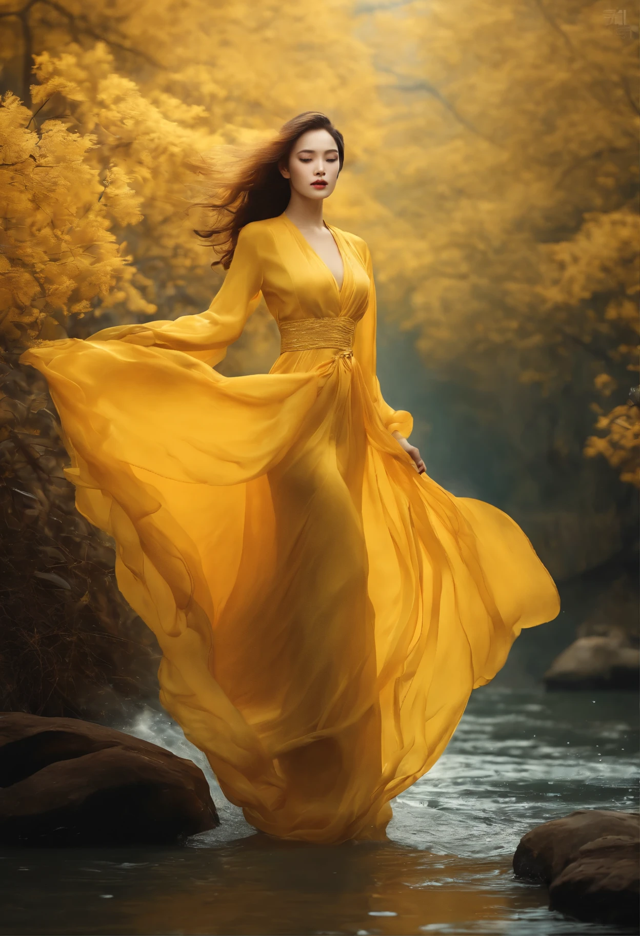 Woman in yellow dress standing in water, Ethereal yellow orange, Beautiful Yellow Woman, By Yang J, Silk that flows in the wind, With yellow cloth, Beautiful digital artwork, Yellow wavy hair theme, Jingna Zhang, with beautiful colors, Yanjun Chengt, Lively fantasy style, By Ni Thian, Inspiration from Yan Juncheng, yellow aura