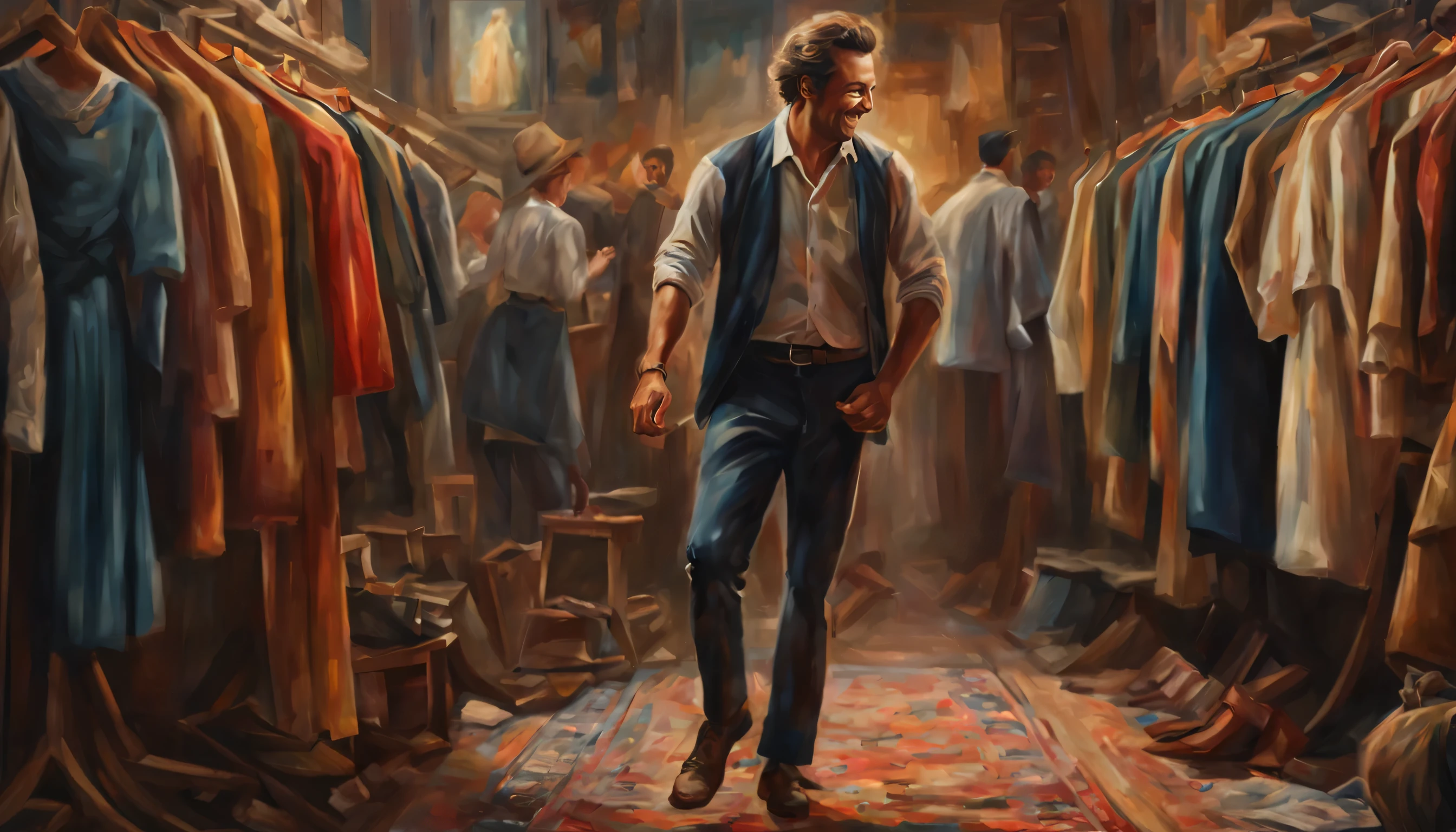 Homem comprando uma roupa, feliz e alegre chorando de ansiedade, Genuine joy paid to the seller, arte renascentista, wide sight, (melhor qualidade), Arte Renascentista, Complex and detailed oil painting and 3D rendering, cinematic light, Films, Pintura realista